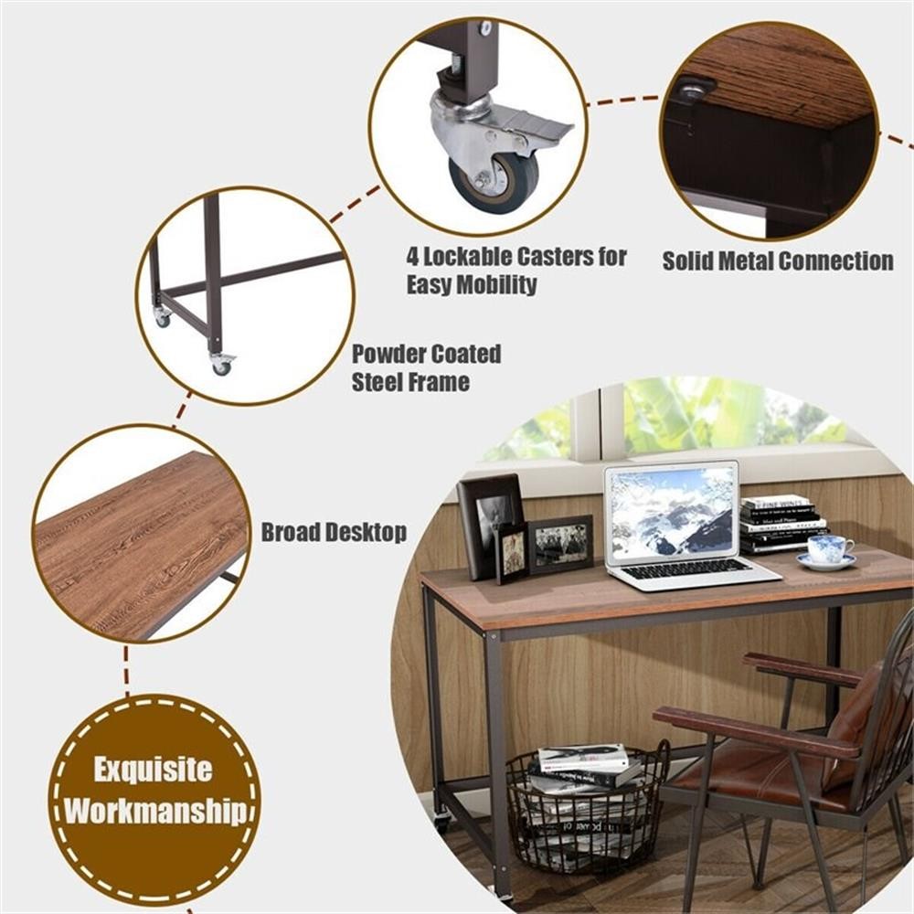 Pemberly Row Contemporary Particleboard and Steel Rolling Computer Desk in Brown
