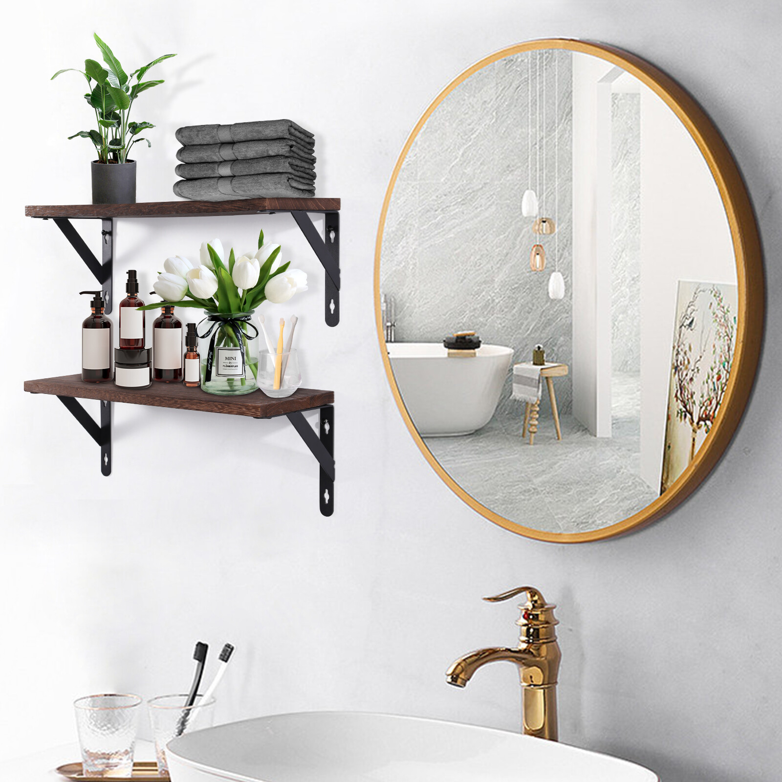 2pcs Wall Mounted Wood Floating Shelves Bookshelf DIY Bathroom Bedroom Kitchen