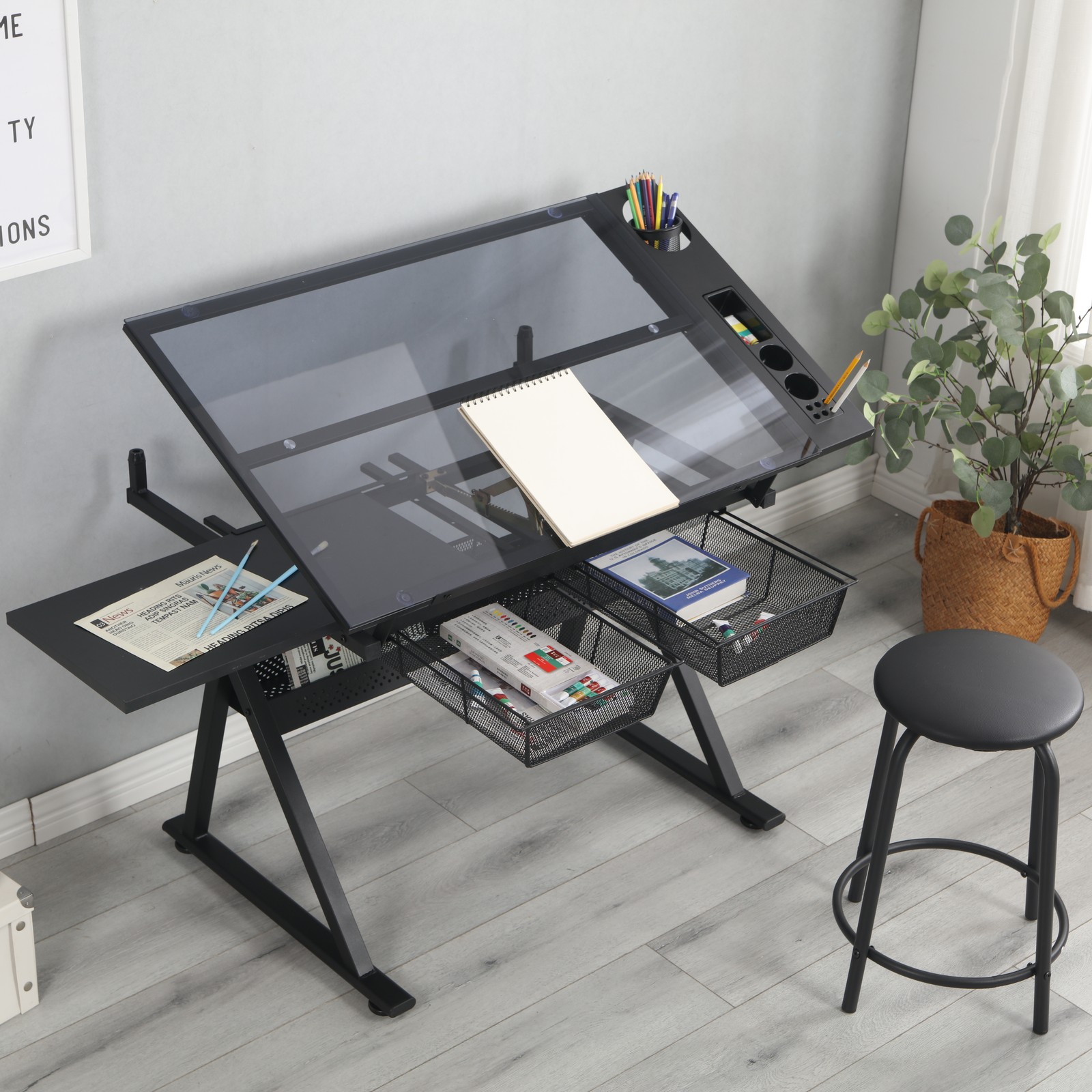 Black Adjustable Tempered Glass Drafting Table with Chair, Drawing Desk Set