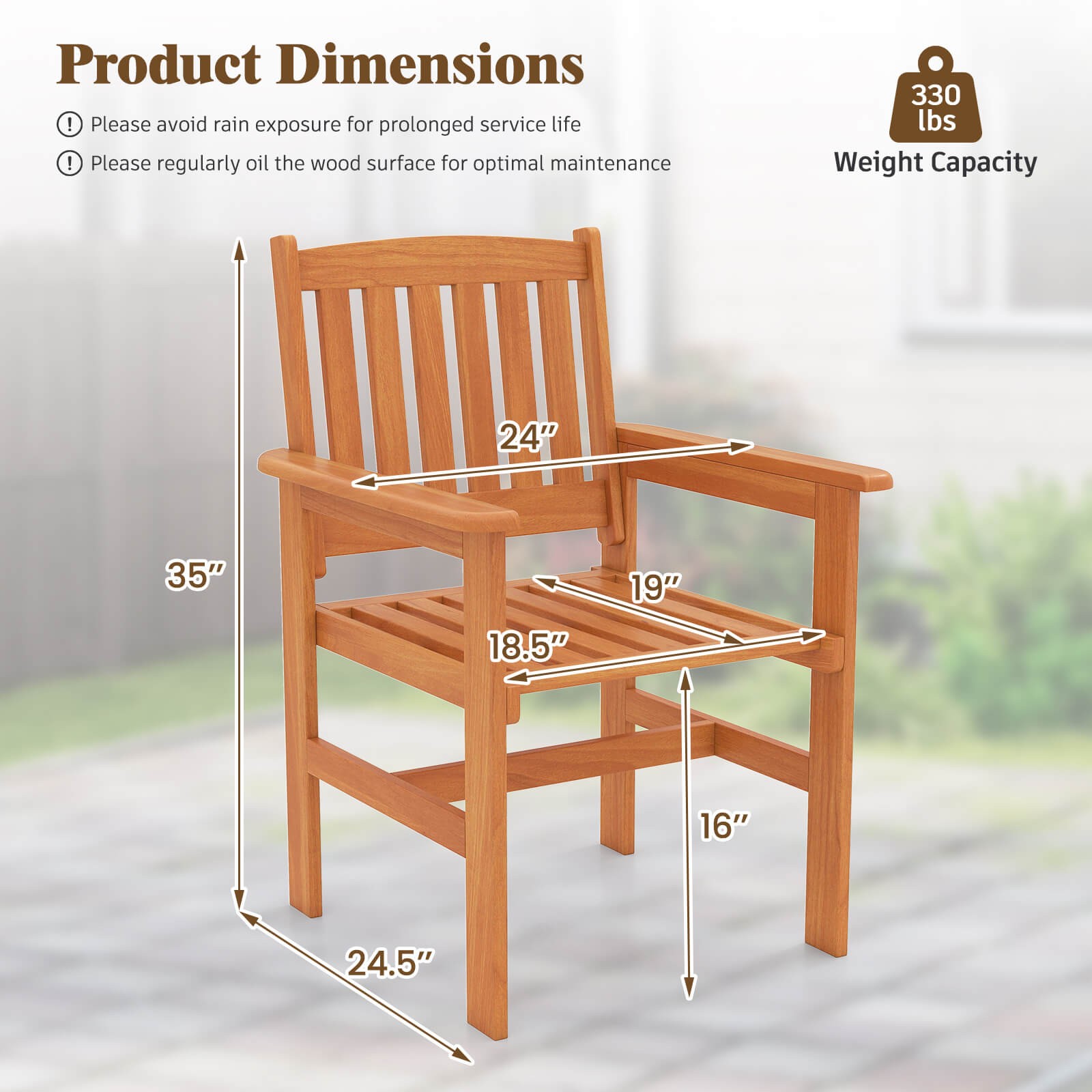Patio Chairs Set of 2 Outdoor Wooden Dining Chairs with Inclined Backrests