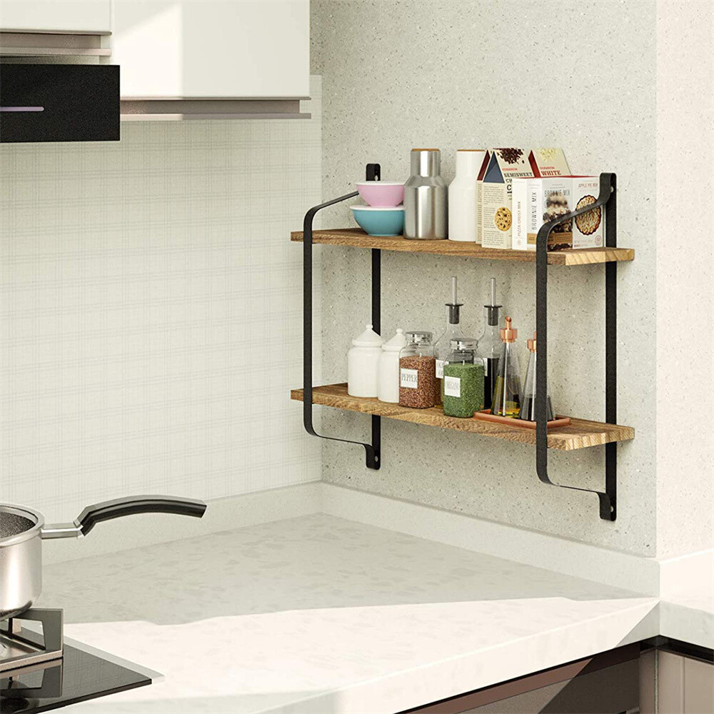 2 Tiers Rustic Wood Floating Wall Shelves Bedroom Bathroom Living Room Kitchen