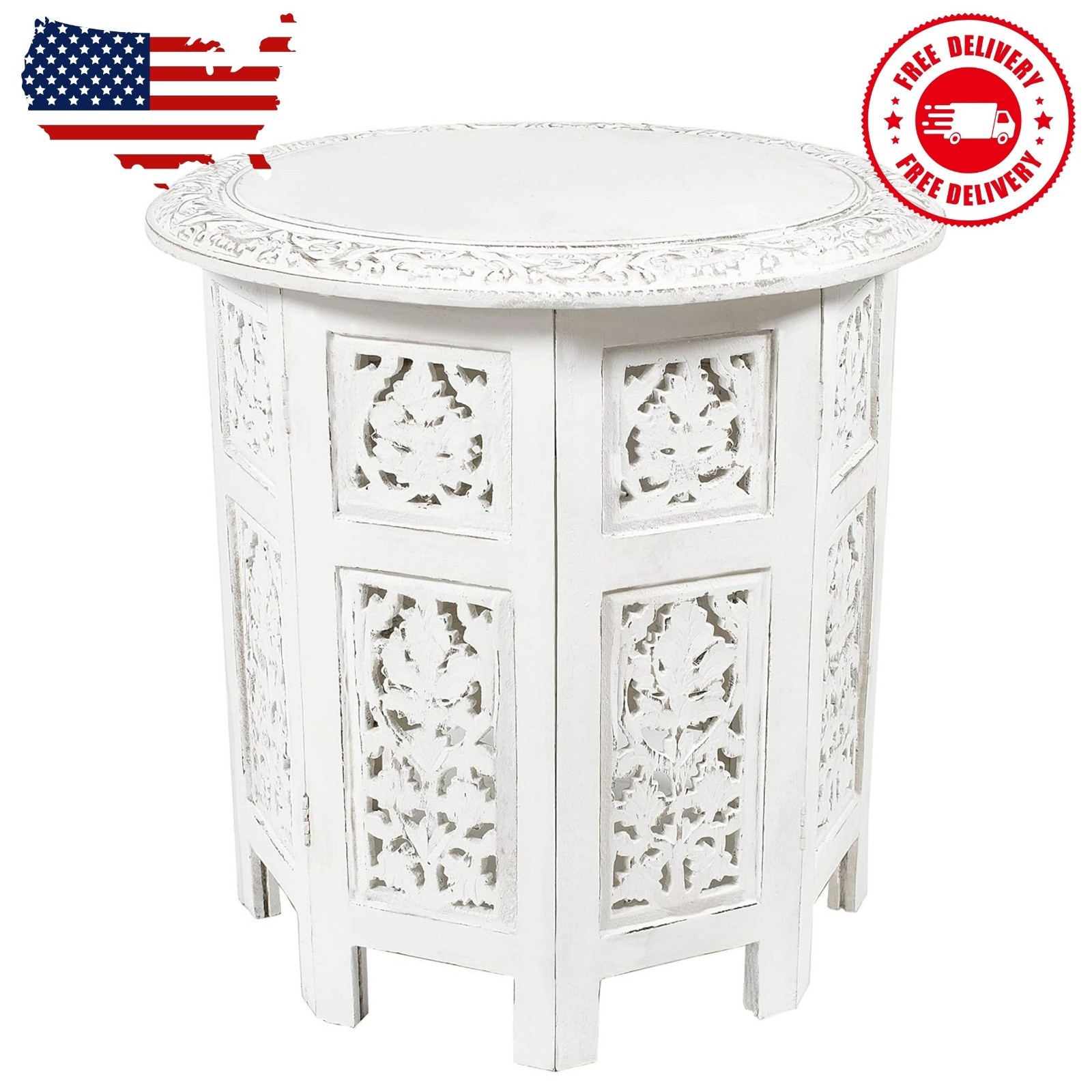 Solid Wood Accent End Table – Hand Carved Vintage Boho Folding Side Table – …