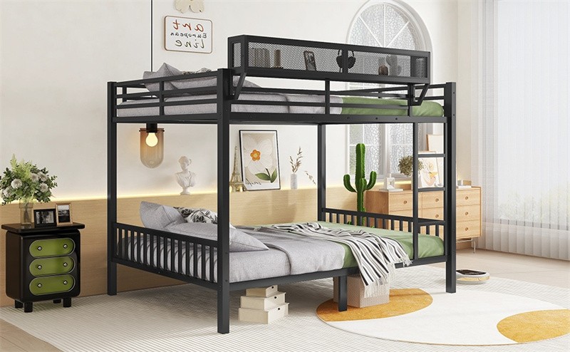 Queen Over Queen Metal Bunk Bed with Full-length Guardrail & Storage Shelf,Black