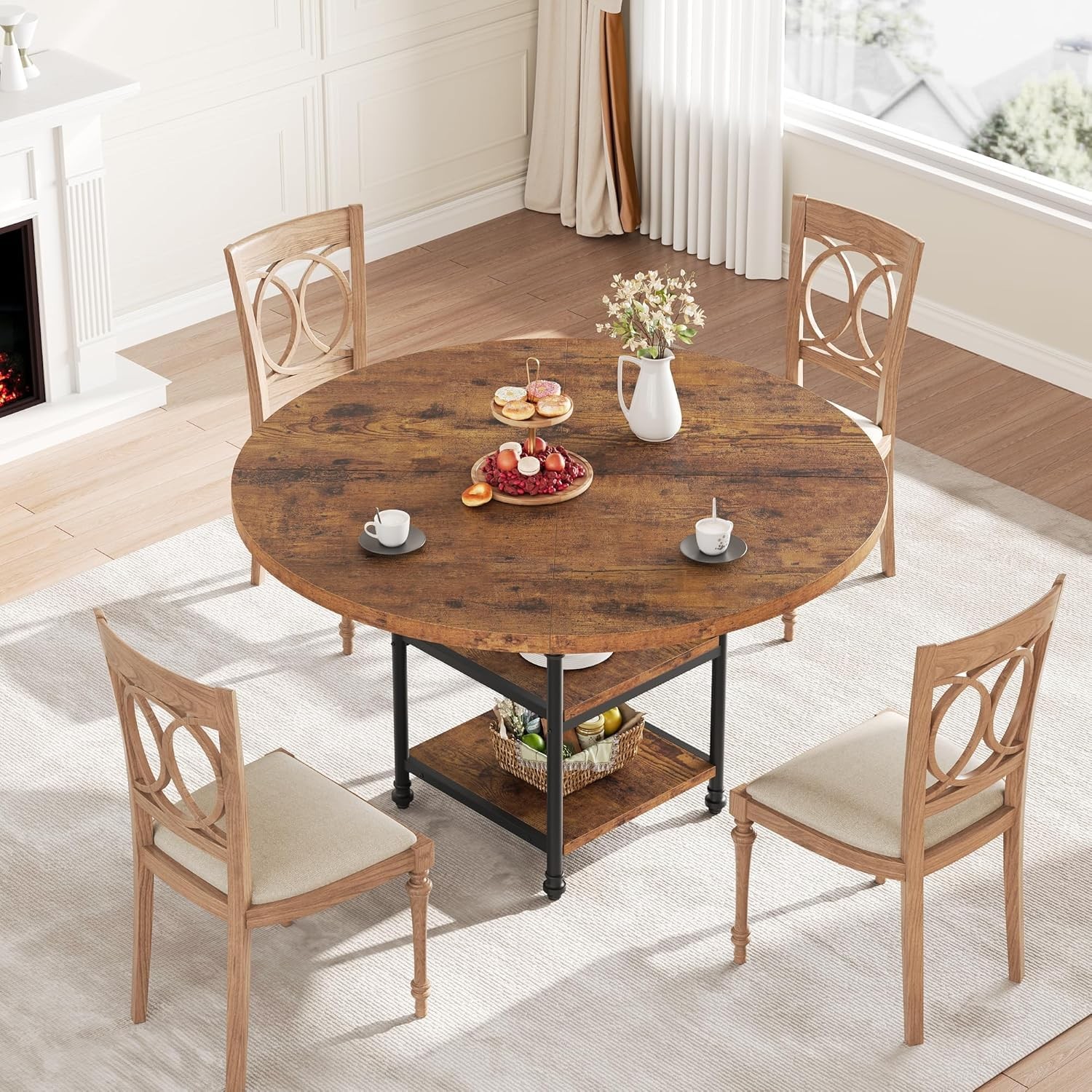 Farmhouse Dining Table ,47in Round Kitchen Table Dinner Table w/ Storage Shelves