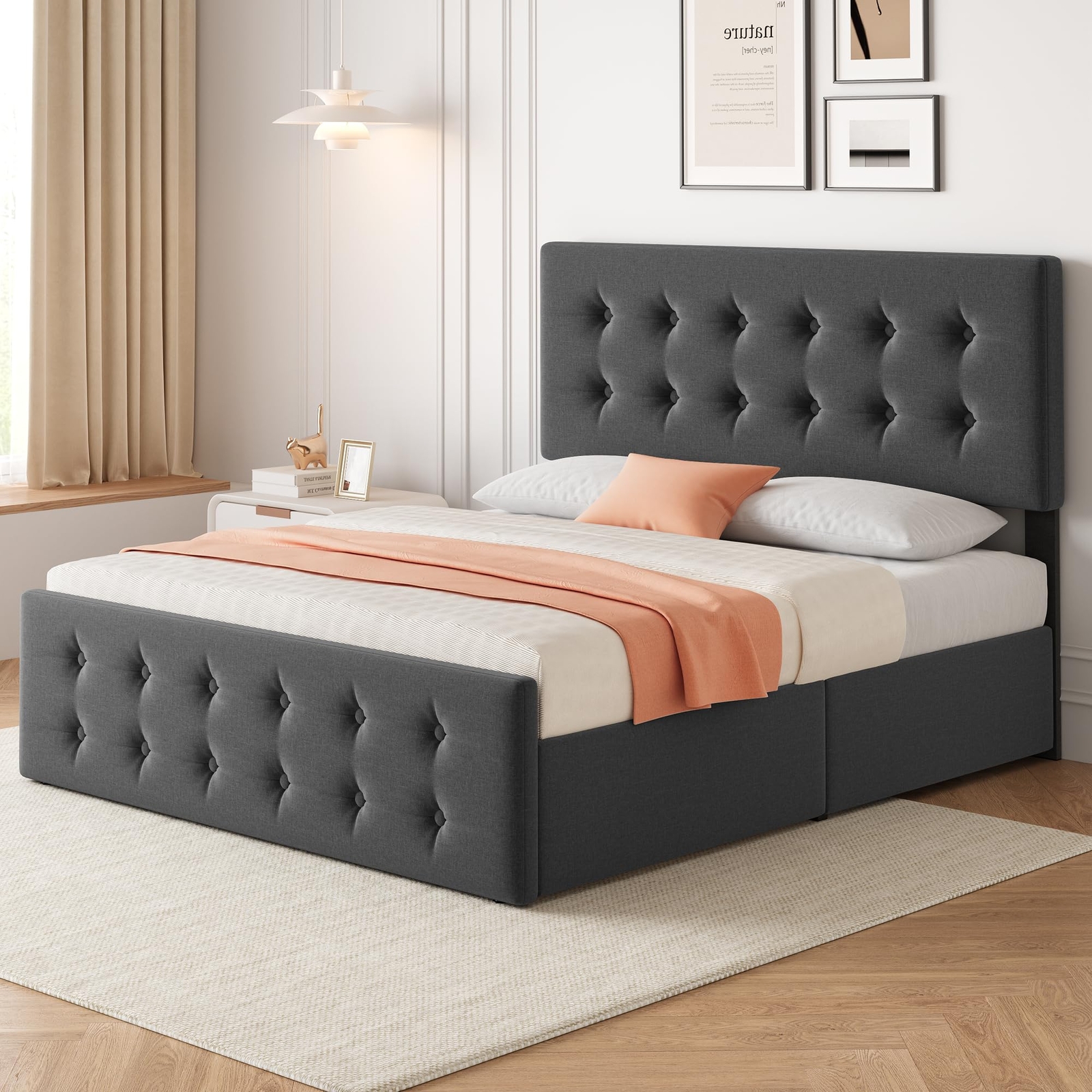 Full Size Bed Frame ,Linen Upholstered Platform Bed Frame Headboard w/ Drawers