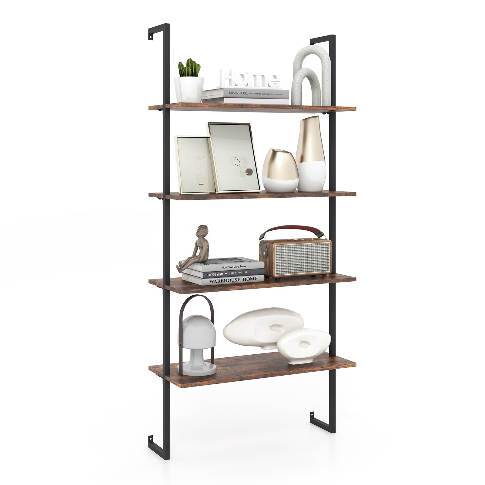 Costway 4-Tier Ladder Shelf Industrial Wall Shelf w/ Metal Frame Rustic Brown