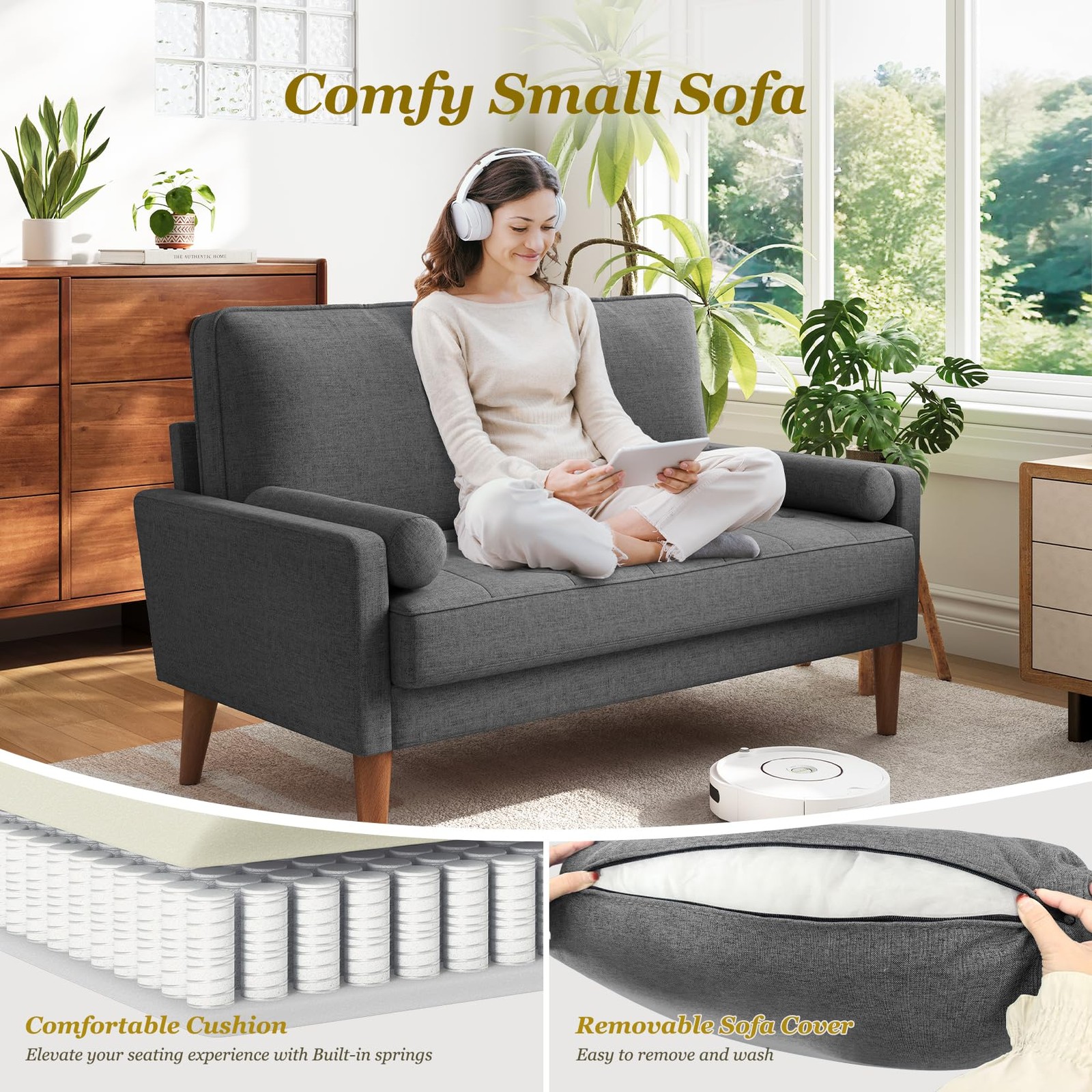 48″ Loveseat Sofa Mid Century Modern Grey Solid Wood Legs Small Space
