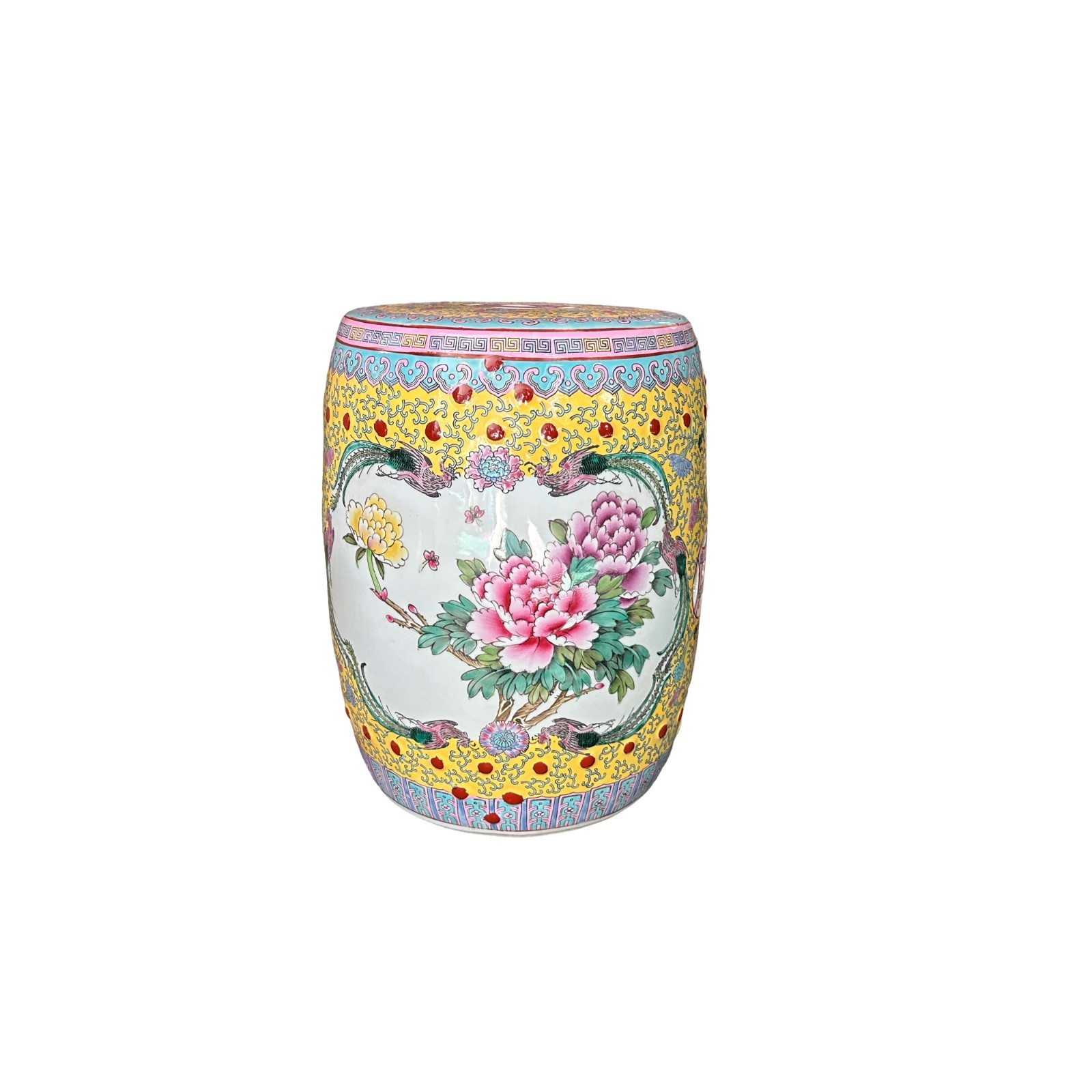 Vintage Oriental Famille Rose Yellow Color Porcelain Round Stool Ottoman GB209