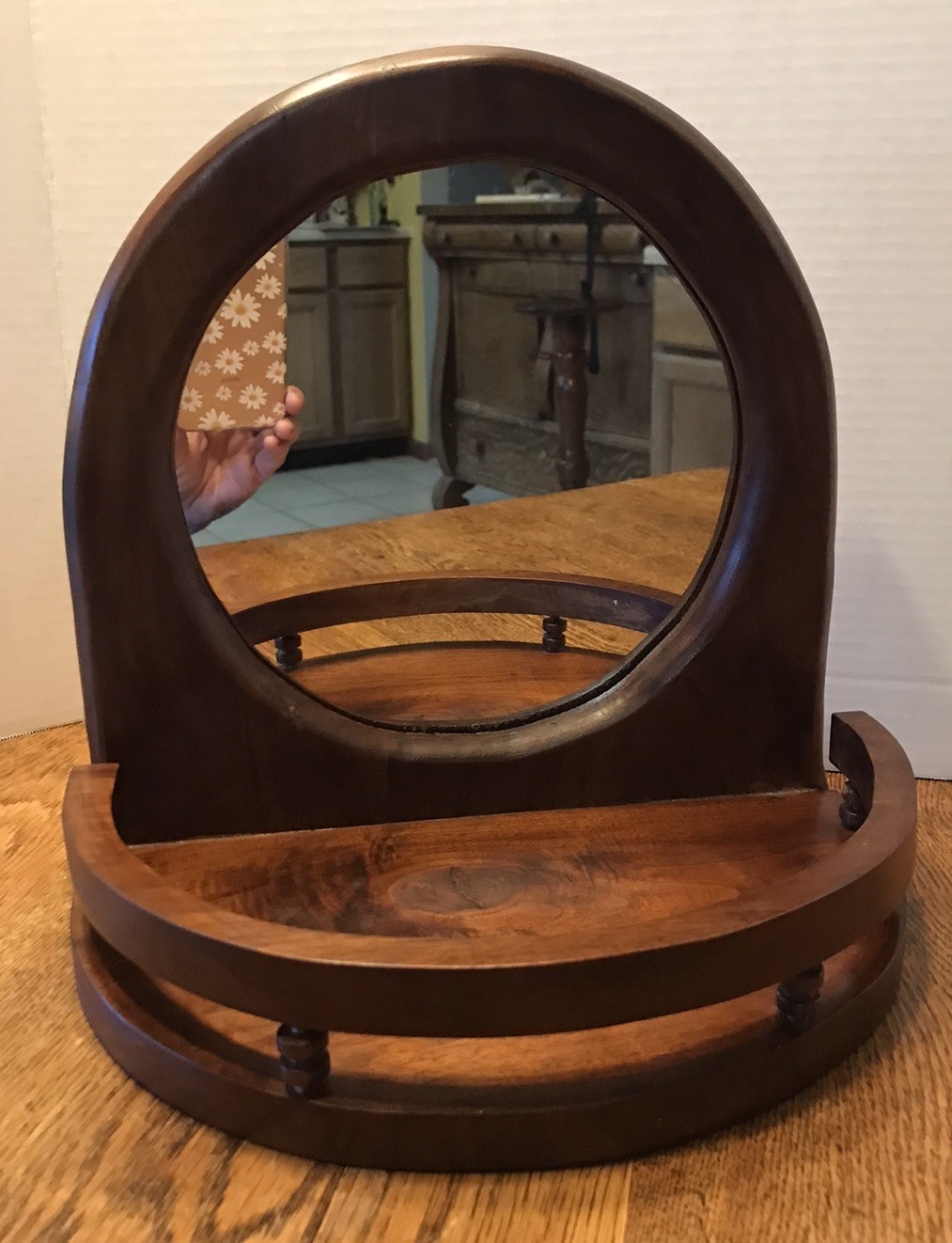 VTG Half Round Wall Hanging w/ Mirror Wood Spindle Ledge Juliet Balcony Shelf