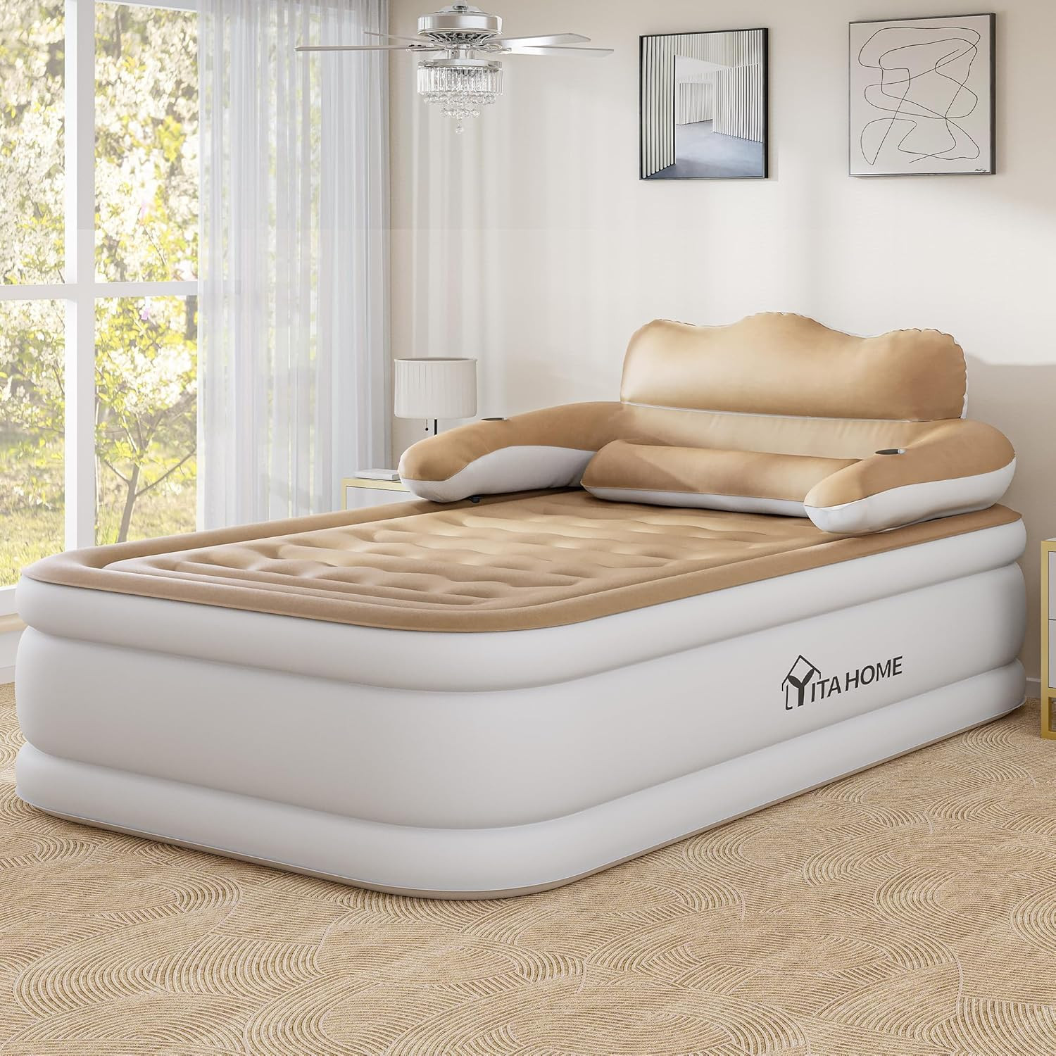 Full XL Air Mattress with Headboard & Pump – 18″ Inflatable Bed for Home & Campi