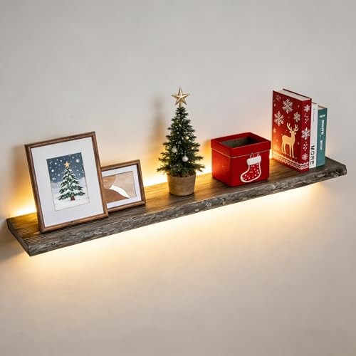 Floating Shelves for Wall, 48″x9.3″ Rustic Solid Live Edge, 48″W Grey Finish 1