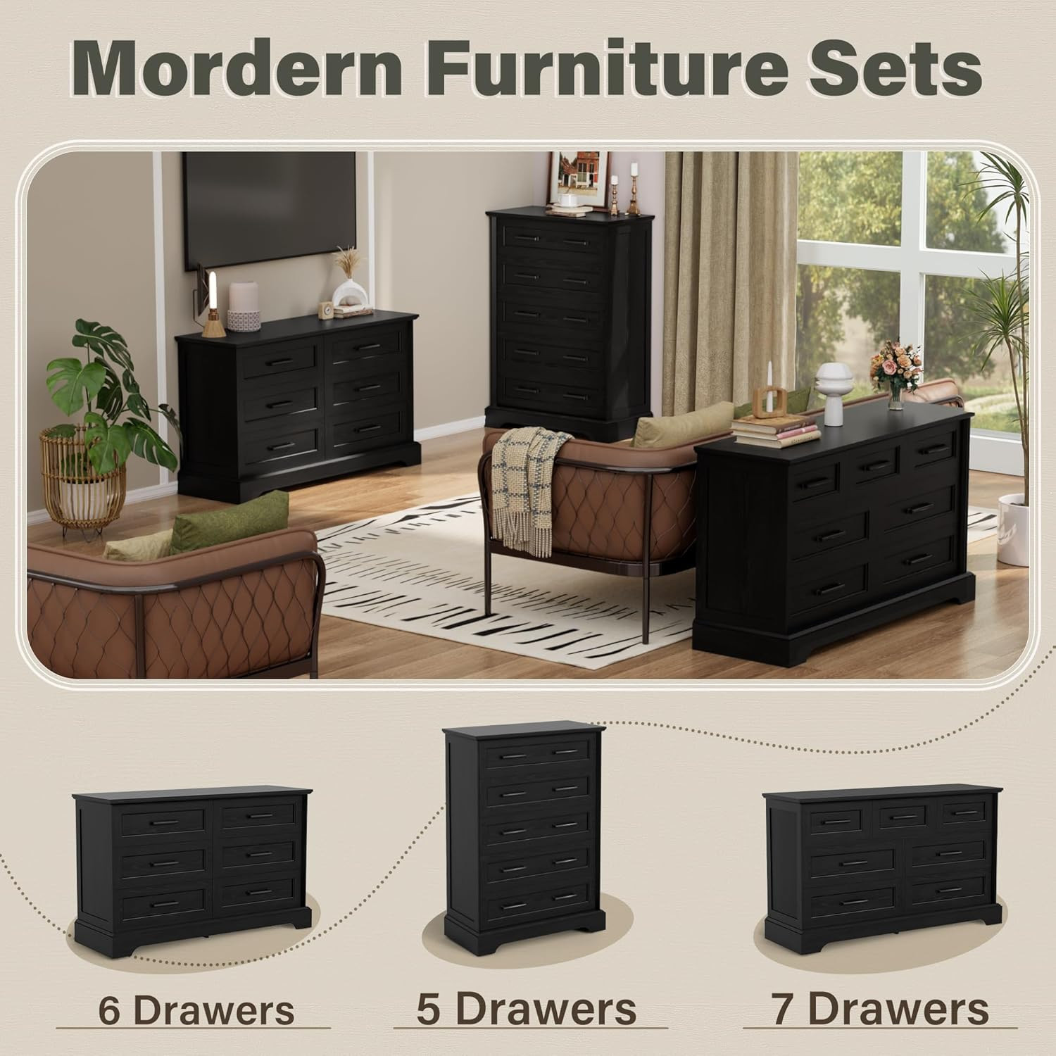 Farmhouse 6-Drawer Black Dresser for Bedroom – Stylish Storage Solution