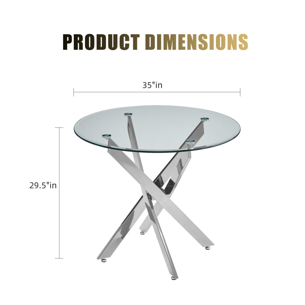 35.43in Round Glass Dining Table, Silver Iron Frame, Tempered Top, Easy Assemble