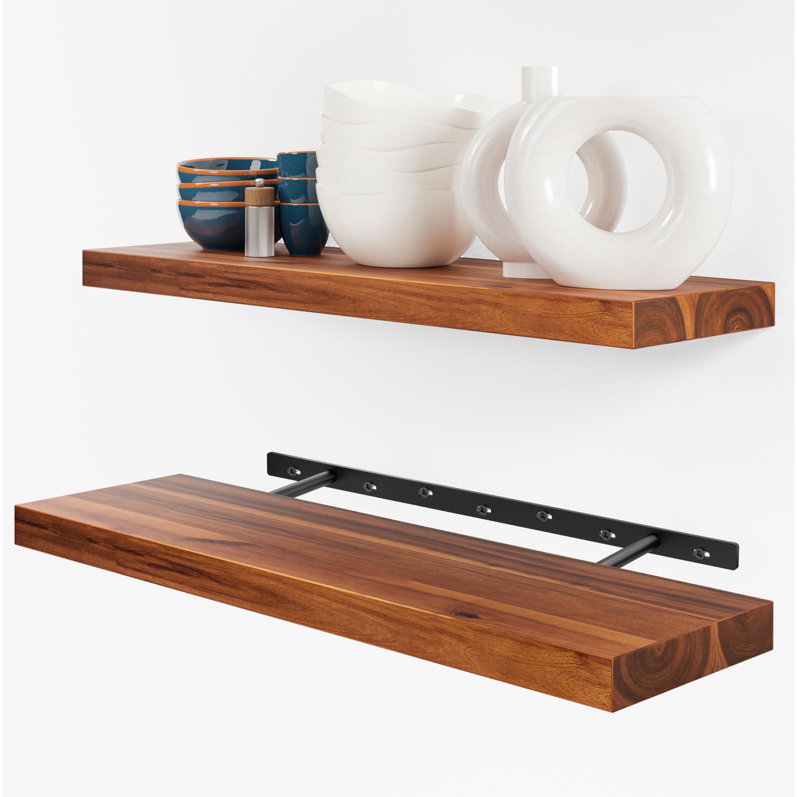 Set of 2 24″ Acacia Wood Floating Shelves Wall Mounted – Rustic Farmhouse Woo…