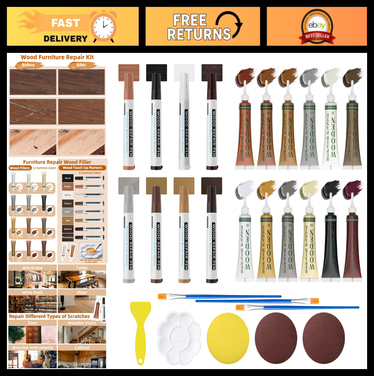 Wood Furniture Repair Kit – 12 Color Fillers & 8 Touch-Up Markers – Fix Scratche