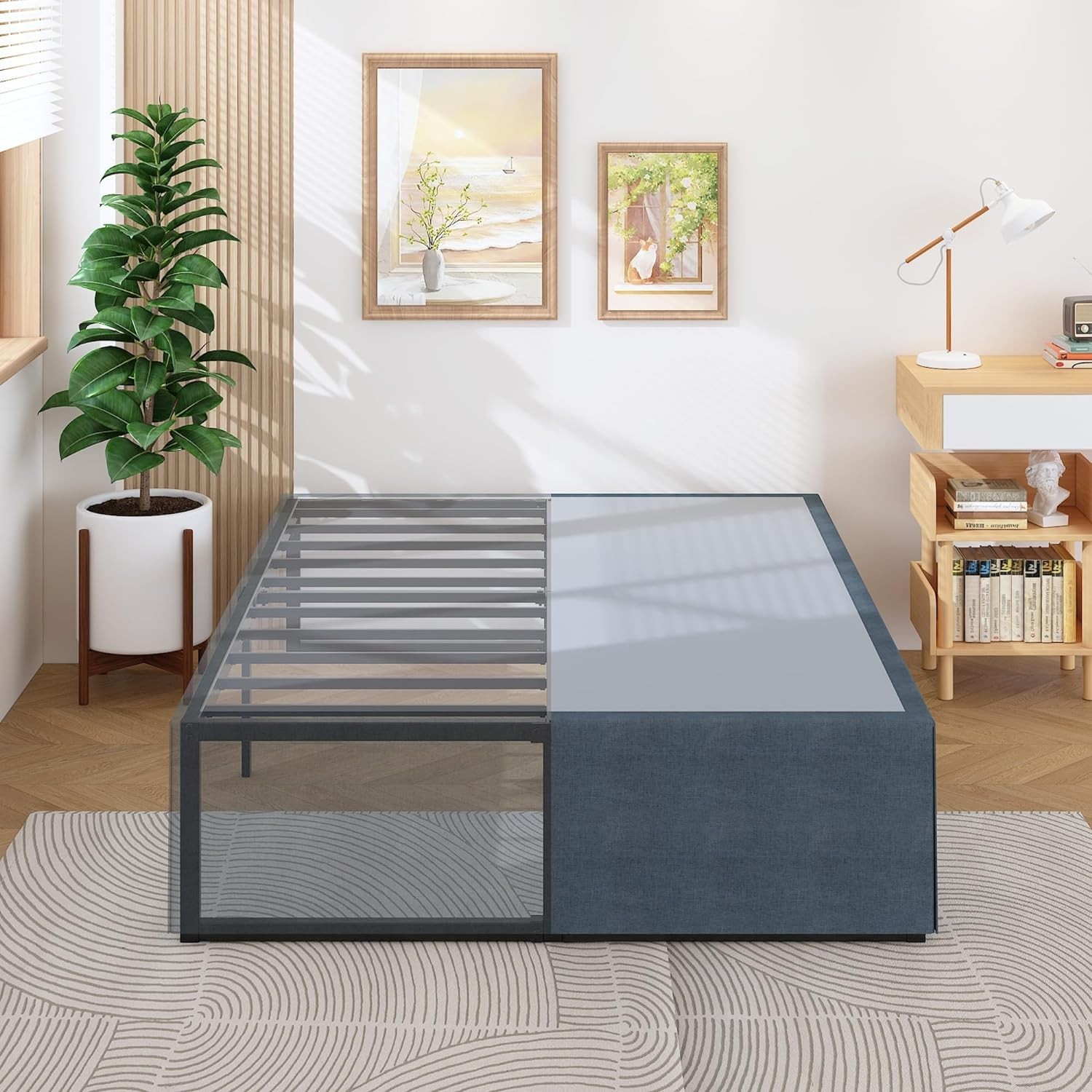 18″ King Bed Frame w/ Storage, No Box Spring, Black & Blue