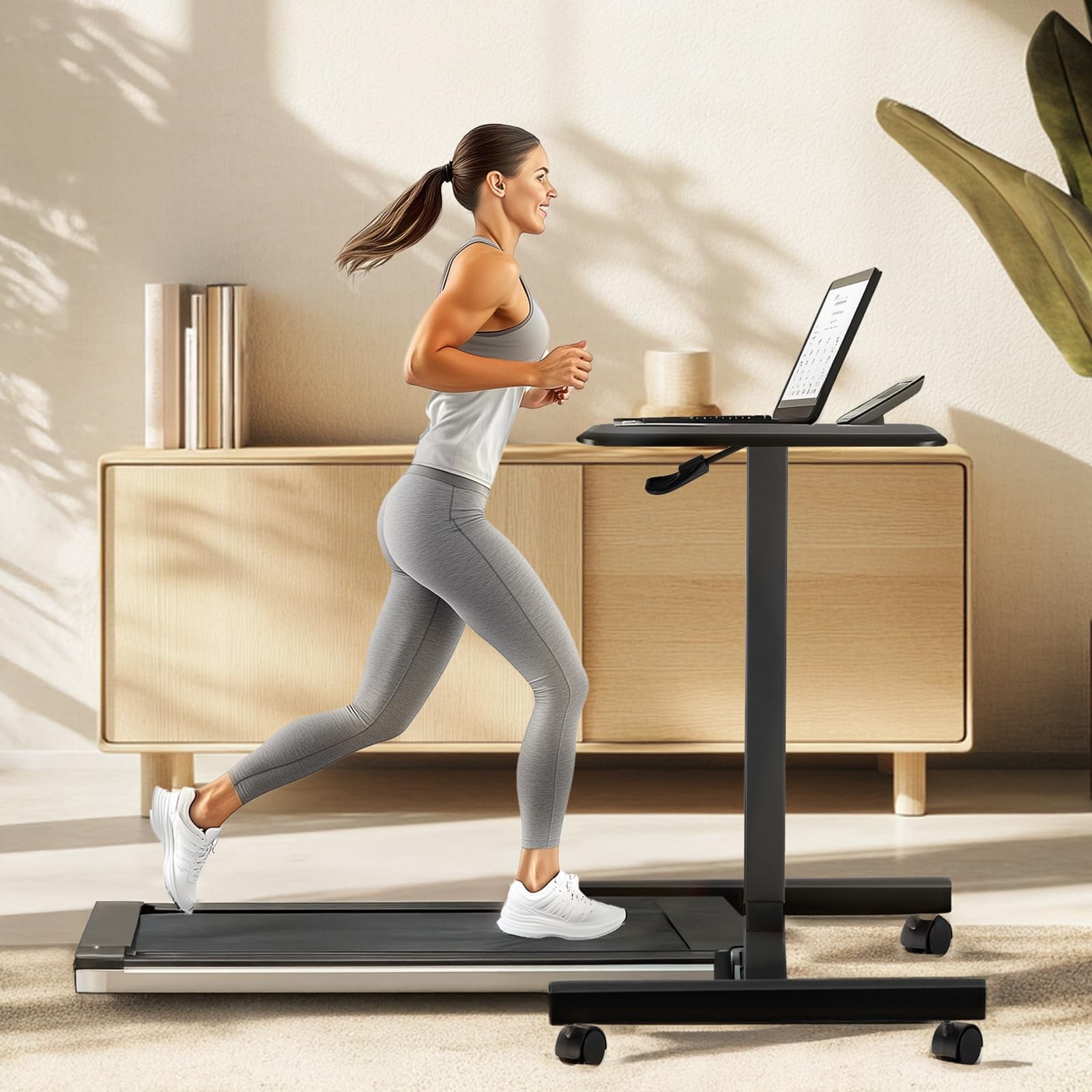 Rolling Standing Desk with Lockable Wheels Adjustable Height Brown/White/Black