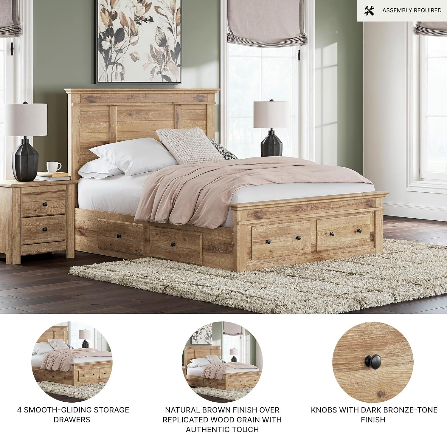 Ashley Fenderport Queen Bed Frame with Headboard & Storage Drawers, Natural Brow