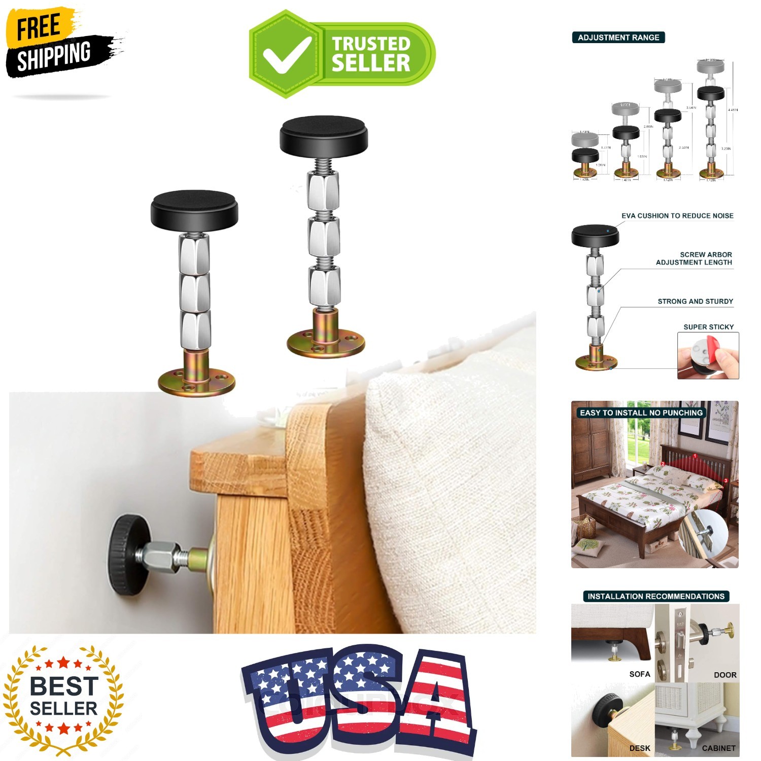 Adjustable Threaded Bed Frame Anti-Shake Tool, Headboard Stoppers, Bedside He…