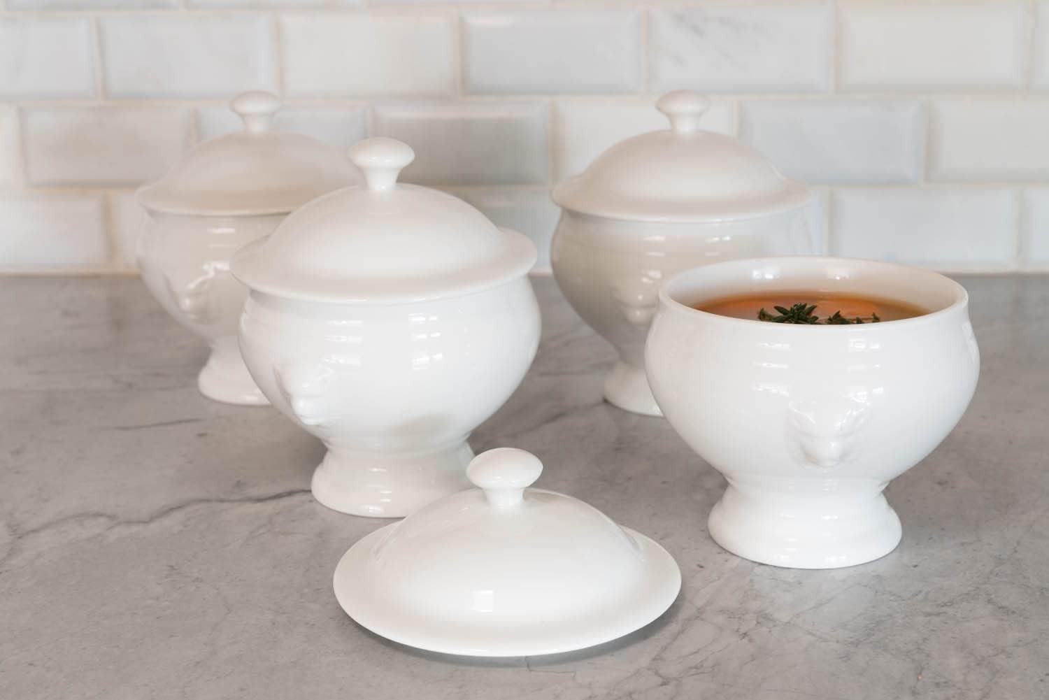 Set of 4 White Whittier 4″ Soup Bowls – Lion’s Head Design