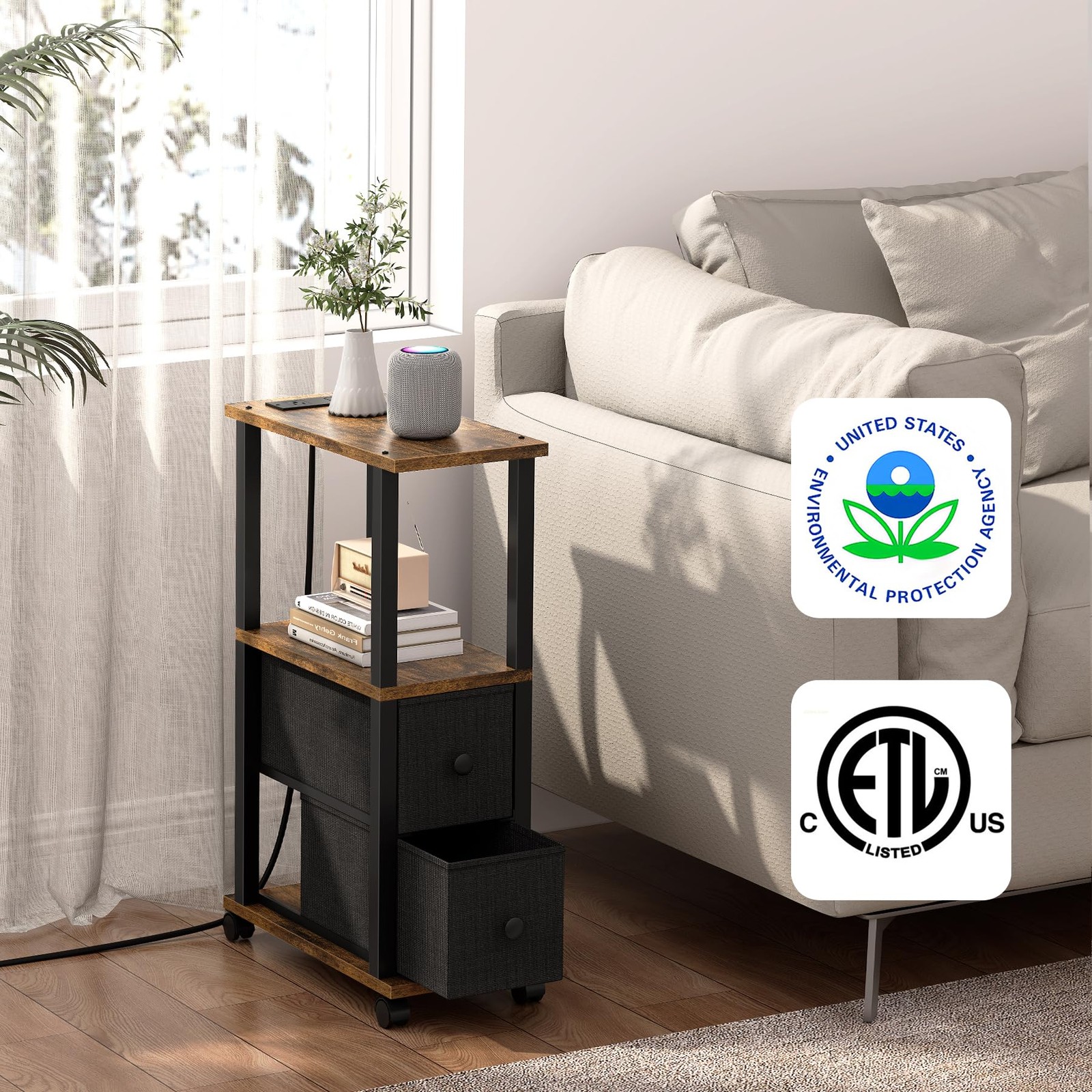 TUTOTAK Small Narrow End Tables, Side Tables 7.9″D x 15.8″W x 24.2″H, Brown