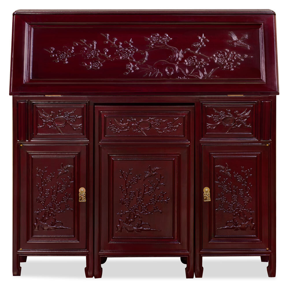 US SELLER – Dark Cherry Rosewood Flower Bird Design Asian Secretaire with Chair