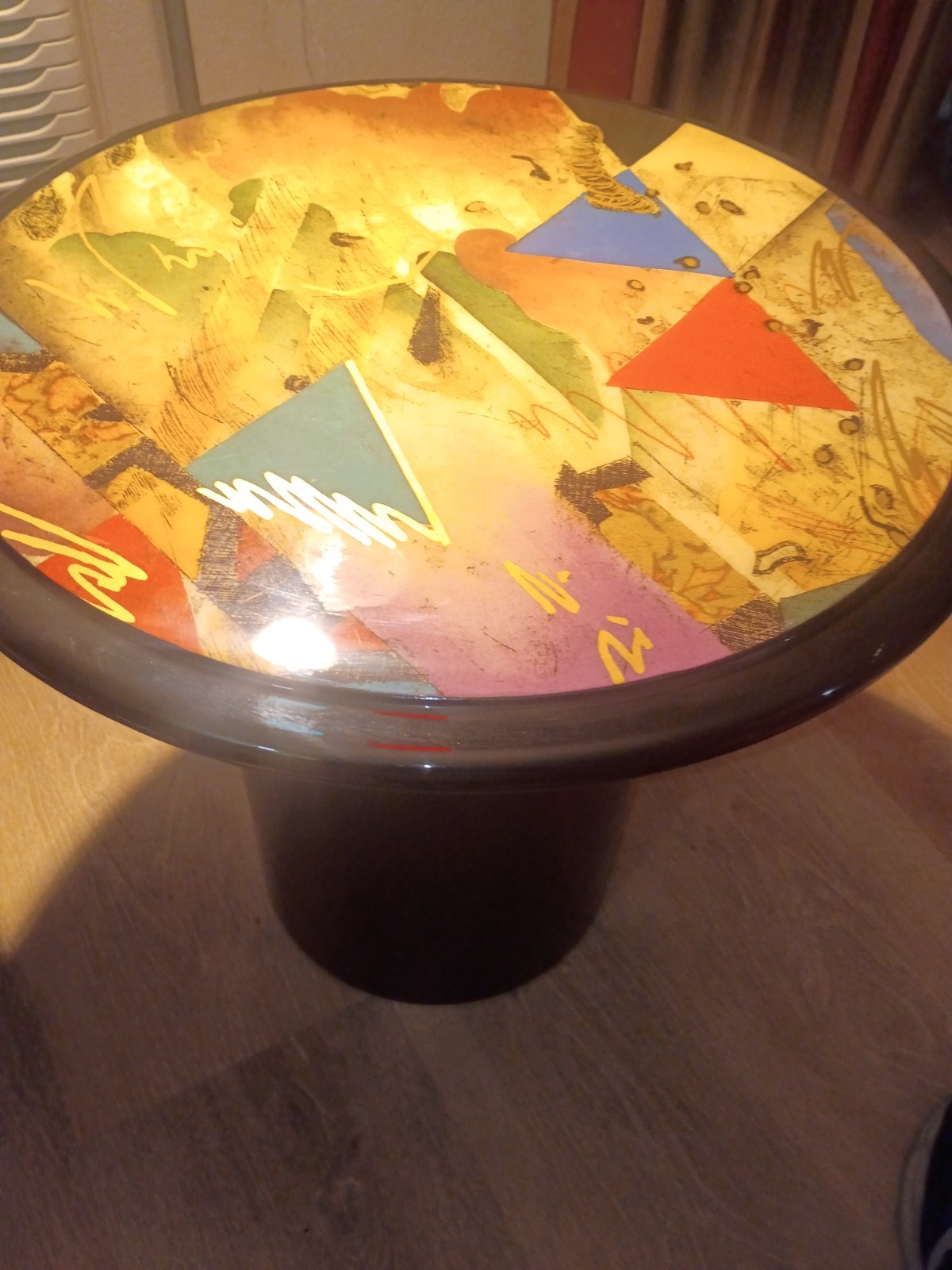 Set of 3 80’s Black Lacquer Mushroom Nesting Tables Abstract Art Tops.