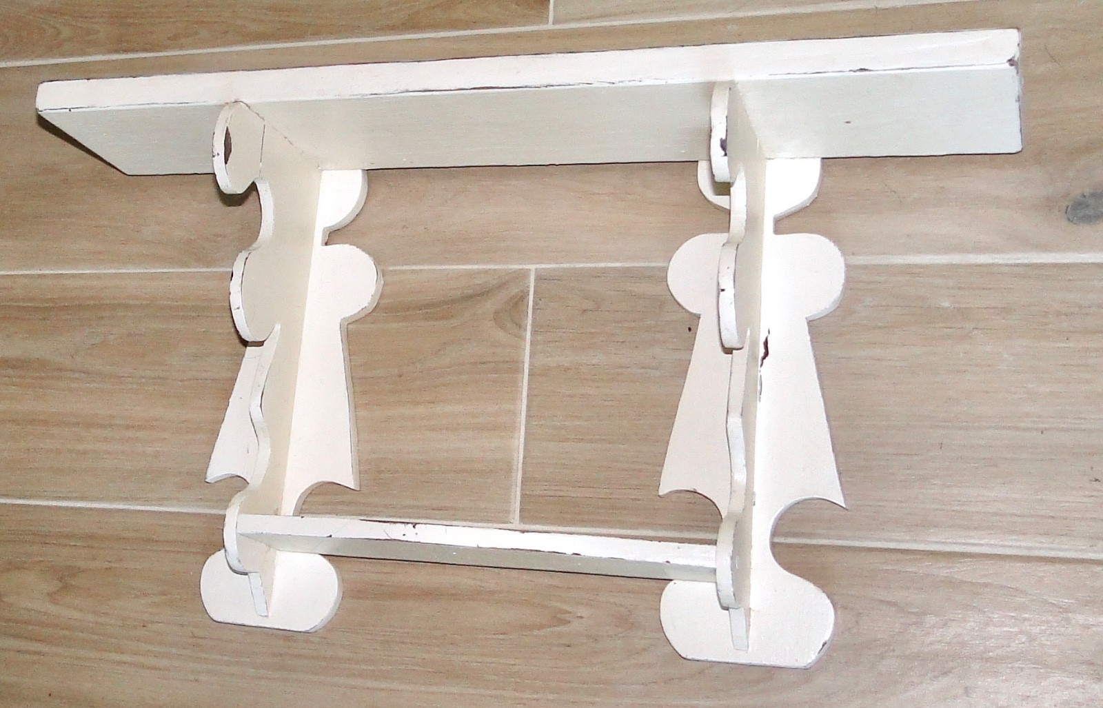 Vintage Heavy Wood WALL SHELF Painted WHITE CHIPPY FARMHOUSE ~2 Tiers~ 21″ Wide