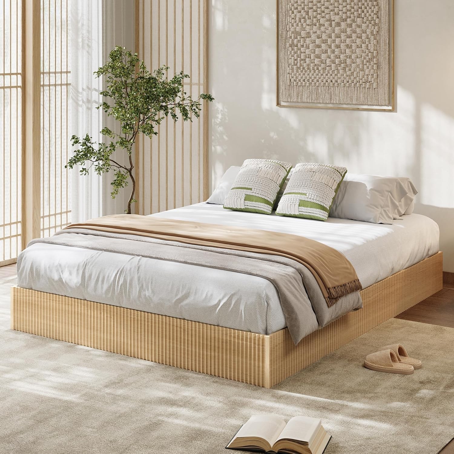 Full Bed Frame, Wood Platform Bed with Fluted Design, Low Profile Bed Frame