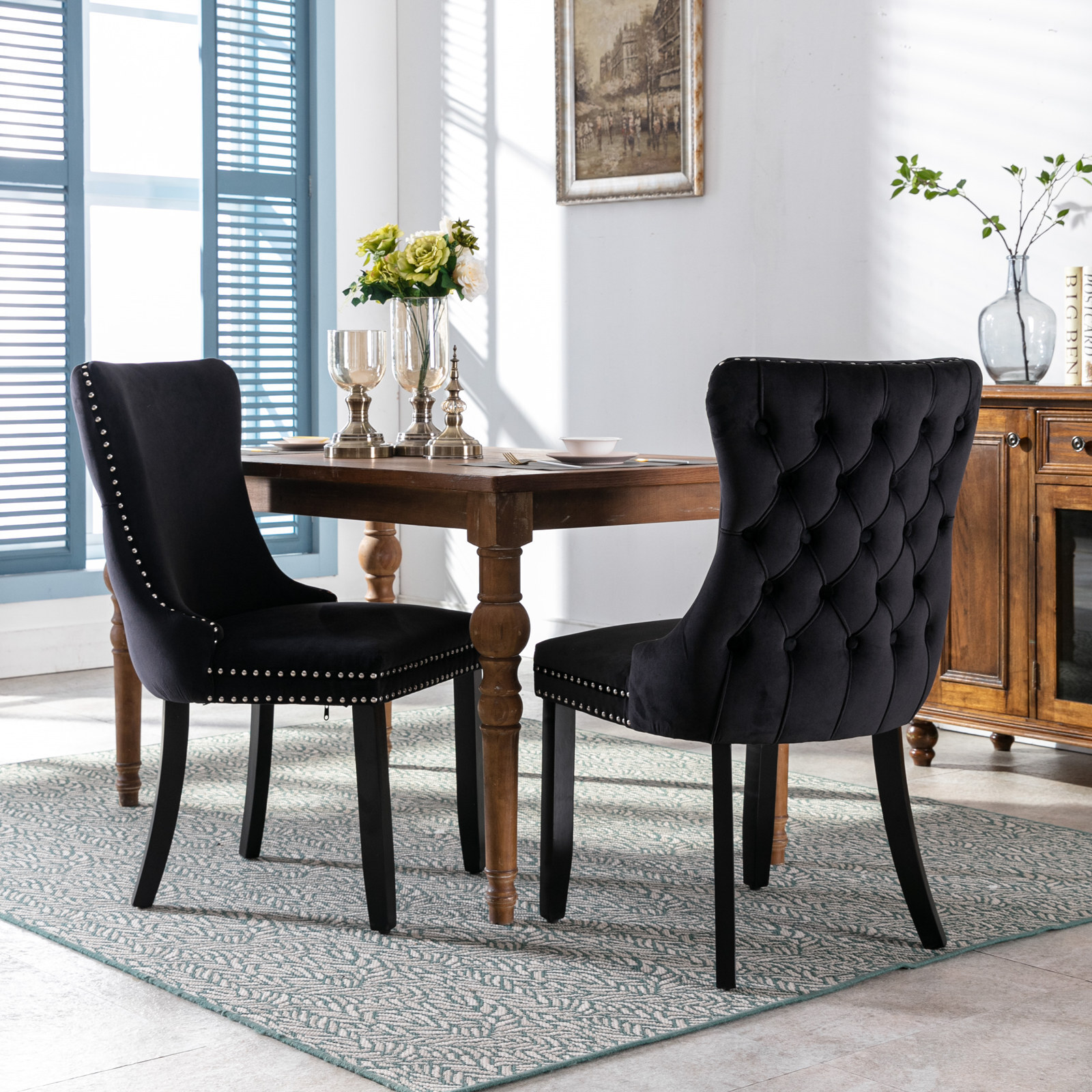 2X Velvet Upholstered Accent Dining Chair Wingback Chairs W/ Nailhead Trim Black