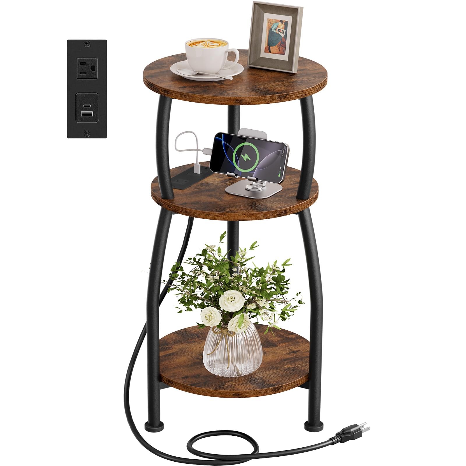 Rustic Brown Round Side Table Power Outlet USB Ports 3Tier Storage Shelf
