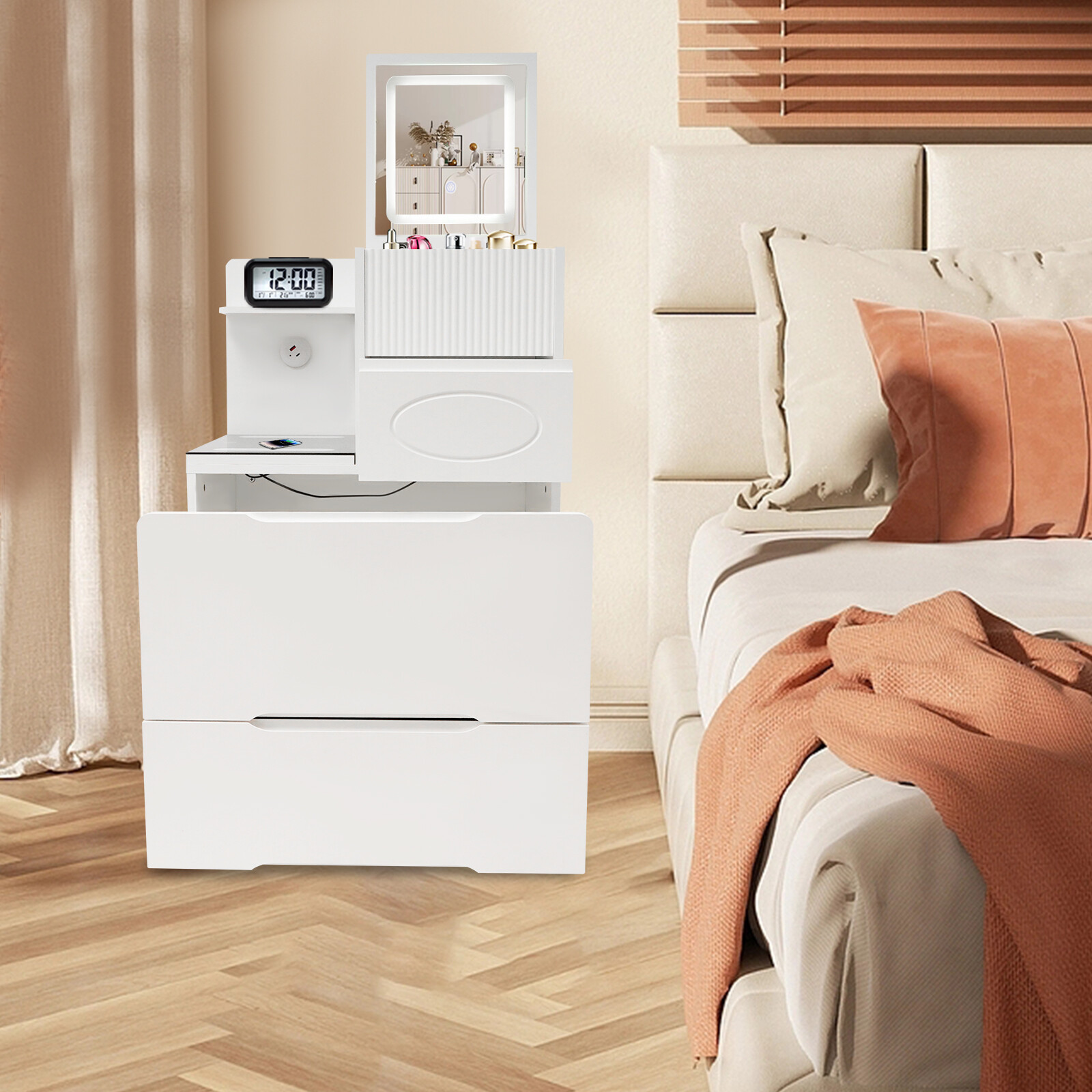 Makeup Table & Vanity Desk with Lighted Mirror Space Saving Dressing Table White