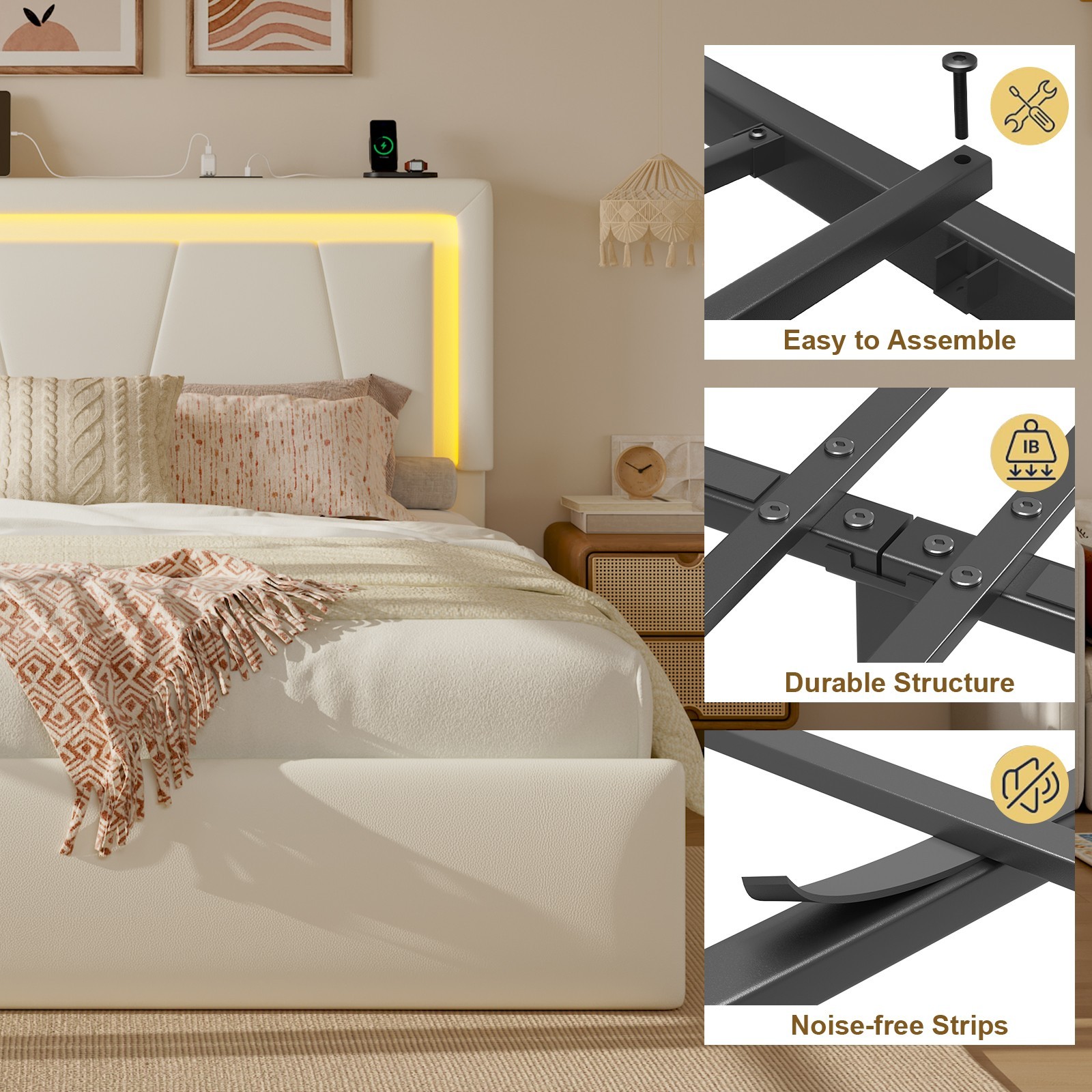 Queen size hydraulic lift bed, LED lights, charging station, PU upholstered bed.