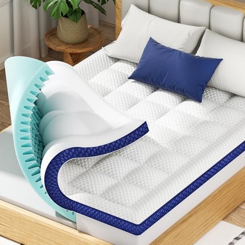 Mattress Topper Dual Layer 4 Inch Memory Foam Mattress Queen White-blue