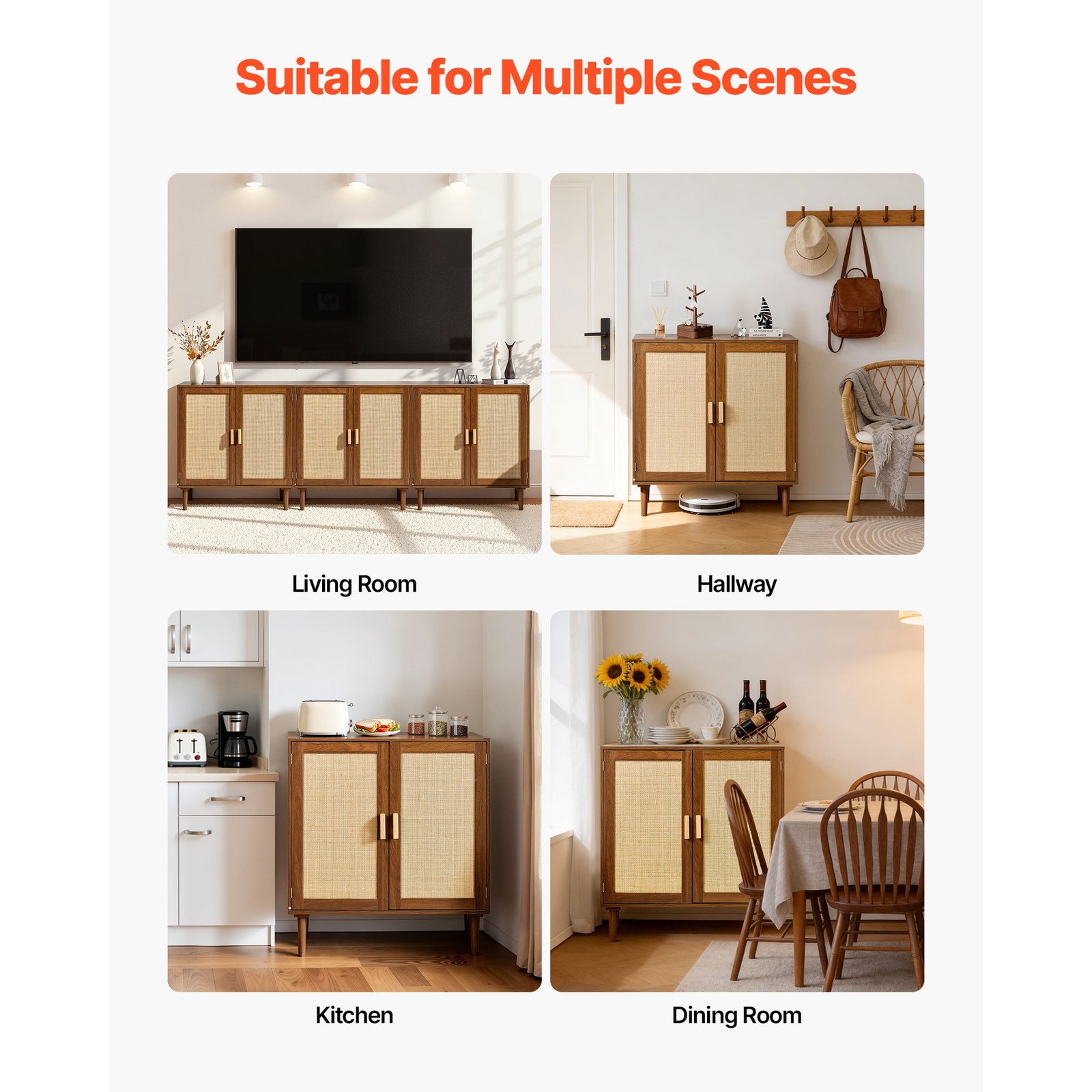 Uimoso Rattan Cabinet with 2 Magnetic Doors Adjustable Shelves Wooden Legs Khaki