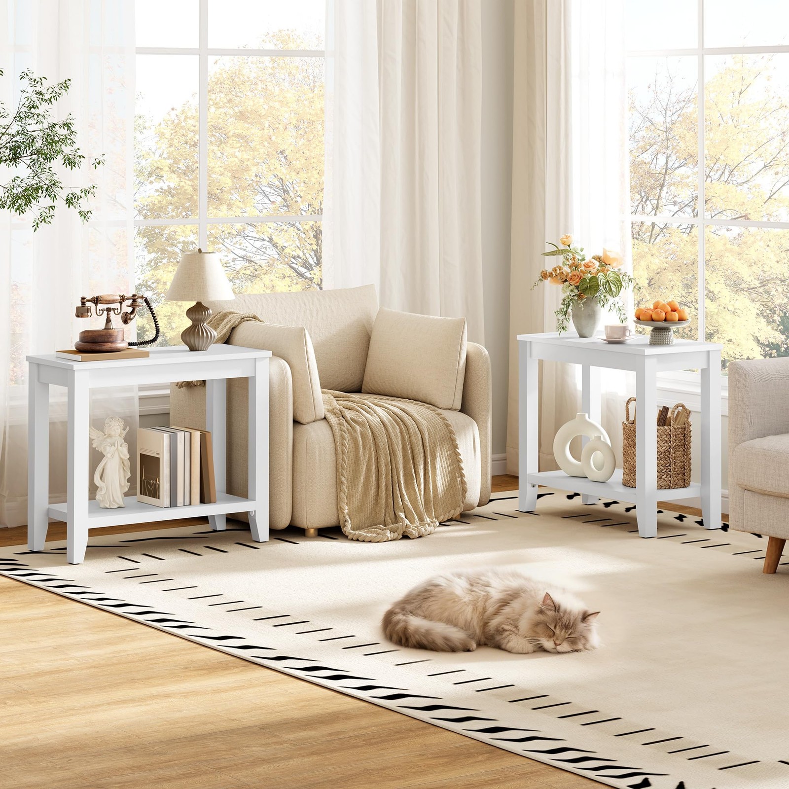 Modern White End Table with Double Storage Shelves for Small Spaces