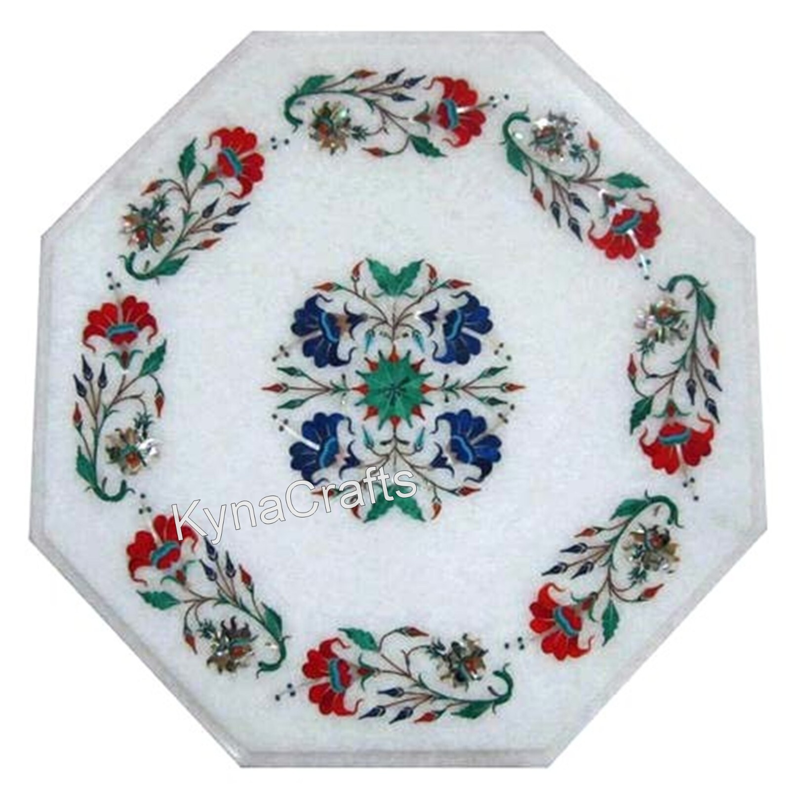 White Marble Coffee Table Top Semi Precious Gesmtone Inlay Work Balcony Table