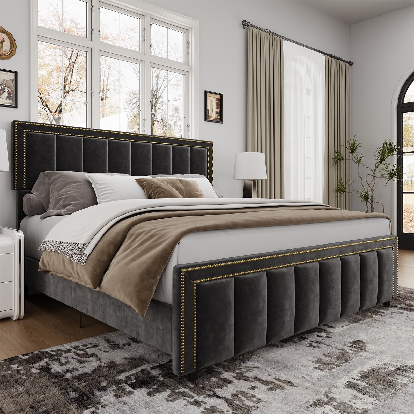 King Size Chenille Upholstered Bed Frame Vertical Channel Tufting Nailhead
