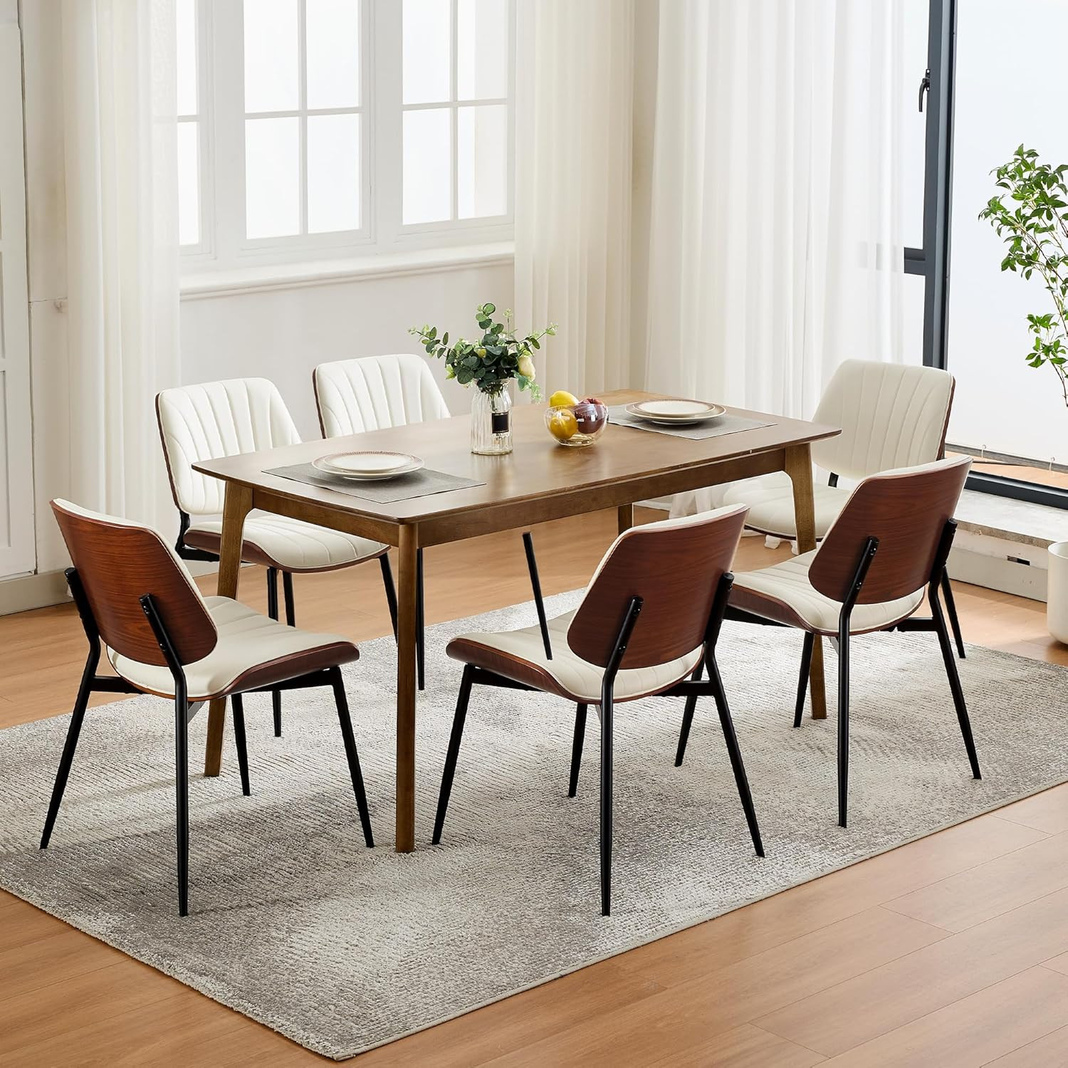 Set of 6 Mid Century Modern White Dining Chairs with Walnut Back and Metal Legs