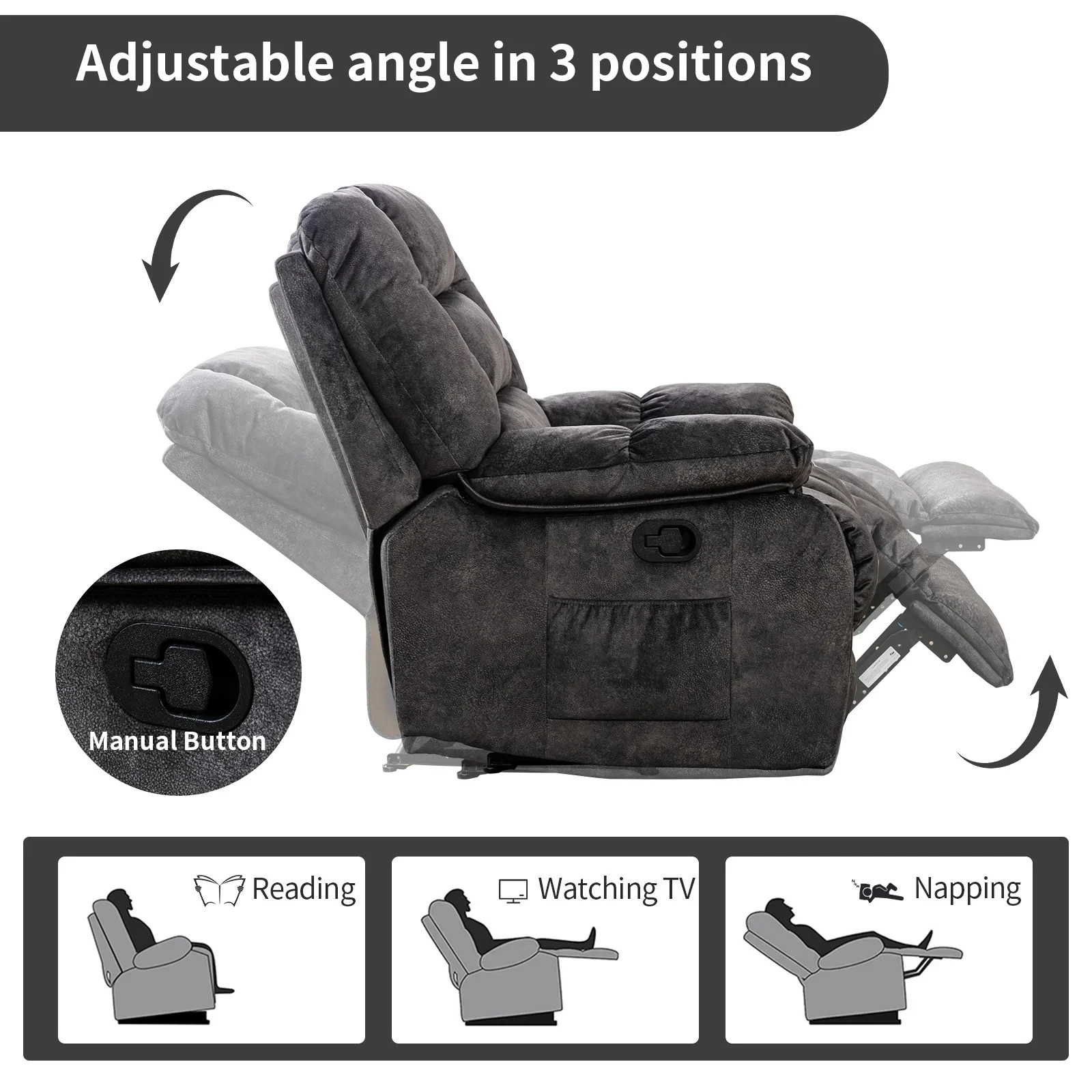 EBELLO Overstuffed Breathable Fabric Manual Recliner Chair with Massage and Heat