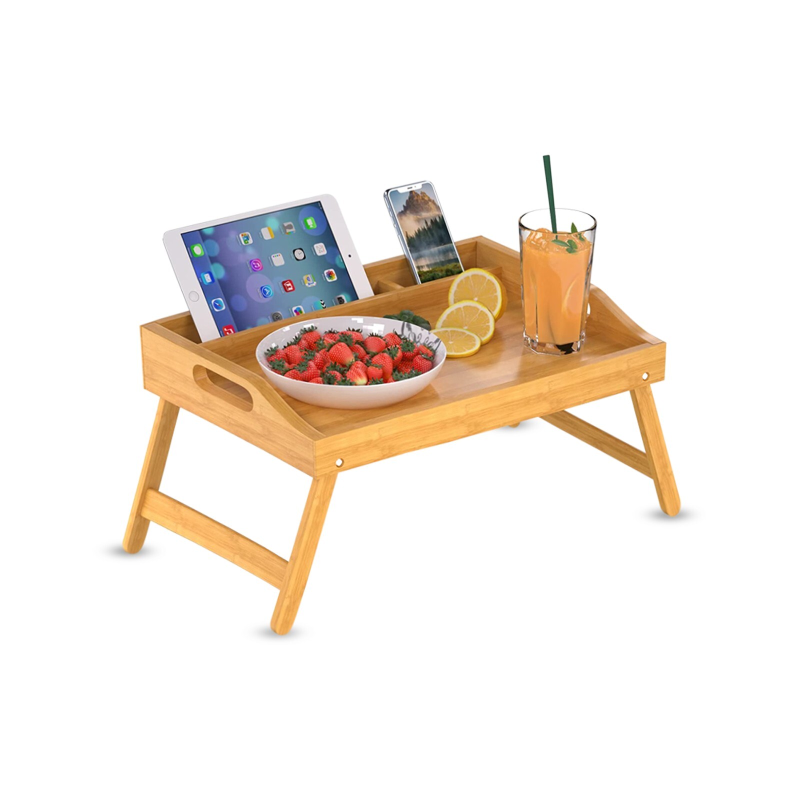 Bamboo Bed Tray Table with Handles and Folding Legs – Kitchen Serving Tray