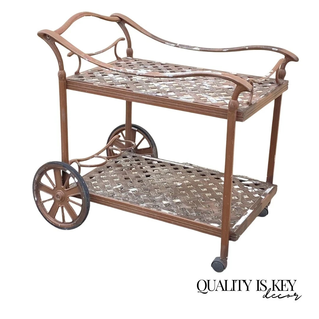 Cast Aluminum Metal Lattice Garden Patio Serving Bar Tea Cart Side Table