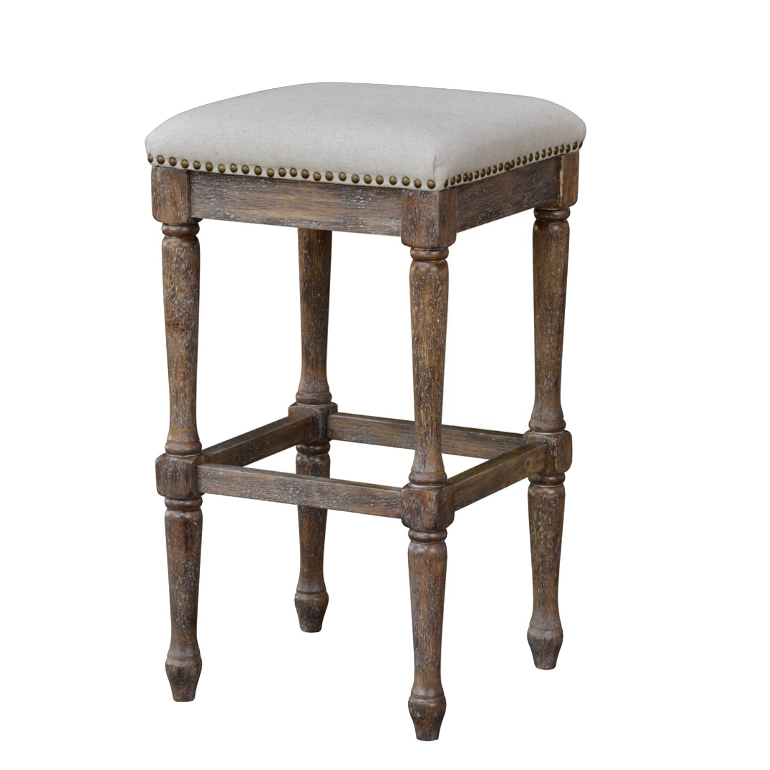 Pair Wood Bar Stools Pair Oatmeal Linen Seat 31 Inches Tall