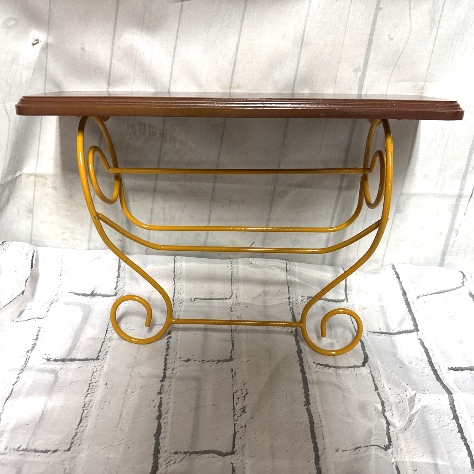 Farmhouse Red Orange Yellow Metal Wooden Wall Shelf with Scrolls 17.5×13.75 in