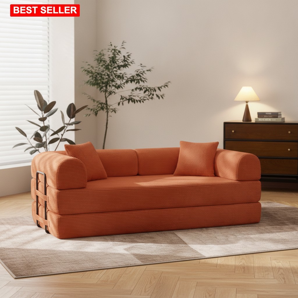 Sofa Bed 79In Orange Corduroy Modern Style 1200 Lb Support Comfort