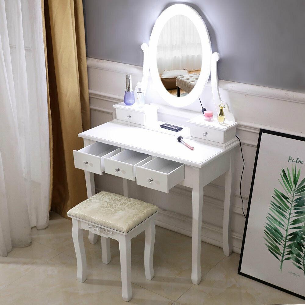 Vanity Table 10 LED Lights Makeup Dressing Desk Set 5 Drawers Bedroom Vanities