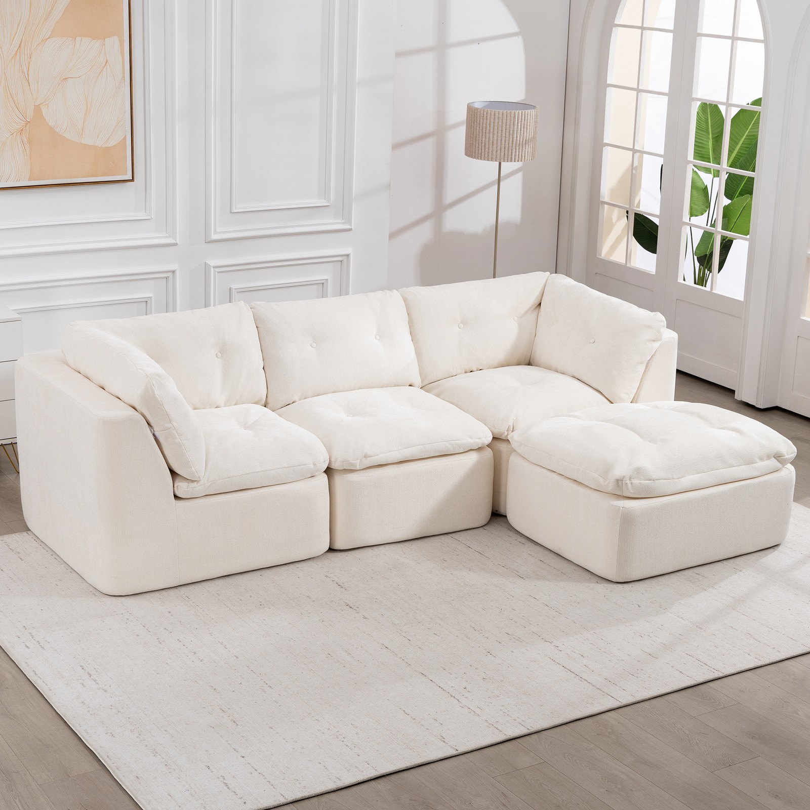 Modular Sectional Sofa Cloud L-Shaped 4-Seater Chenille Fabric Beige