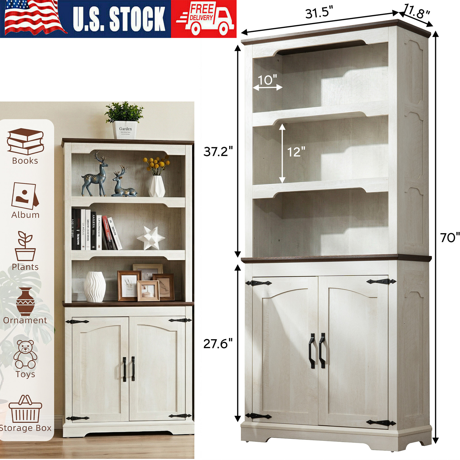 70In 5-Tier Floor Standing Bookcase Storage Shelf White Farmhouse Bookcases
