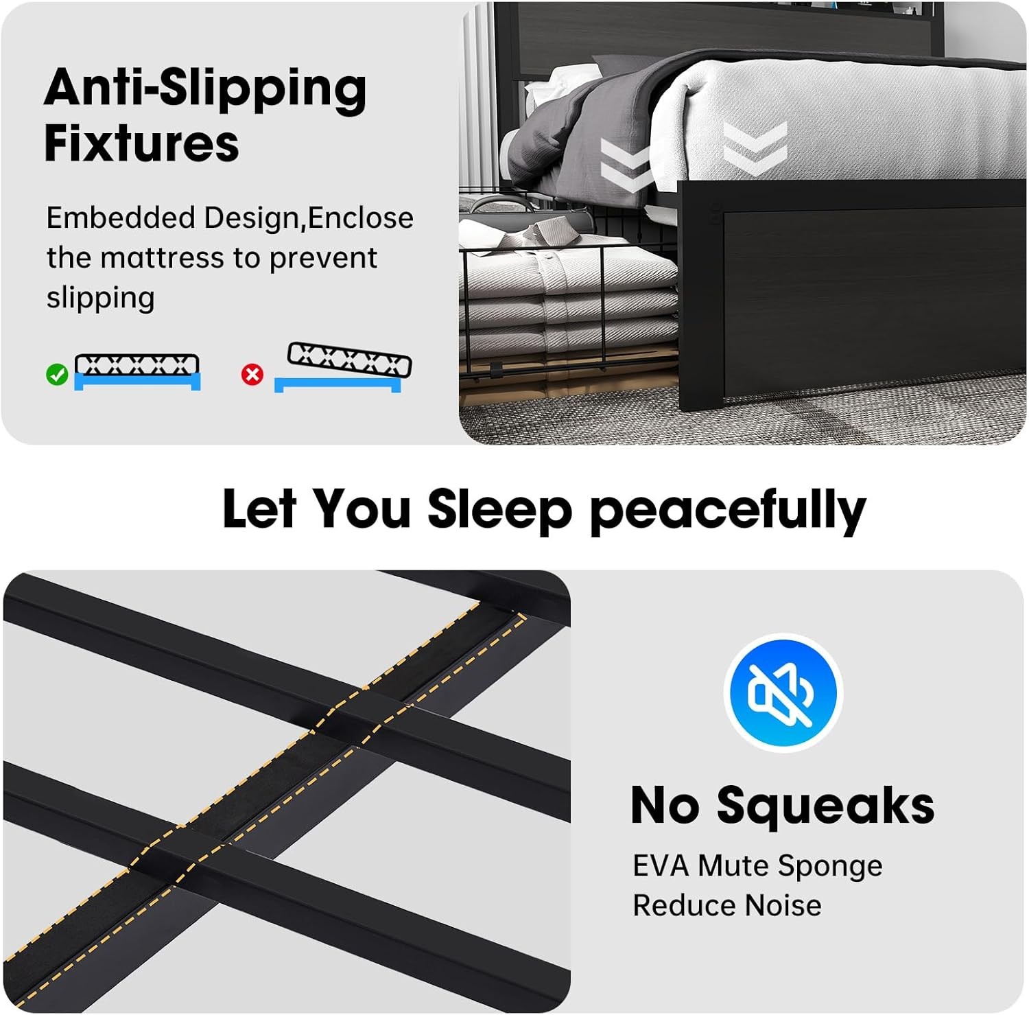 King Queen Full Size LED Bed Frame with Storage Headboard & 4 Drawers & Charging