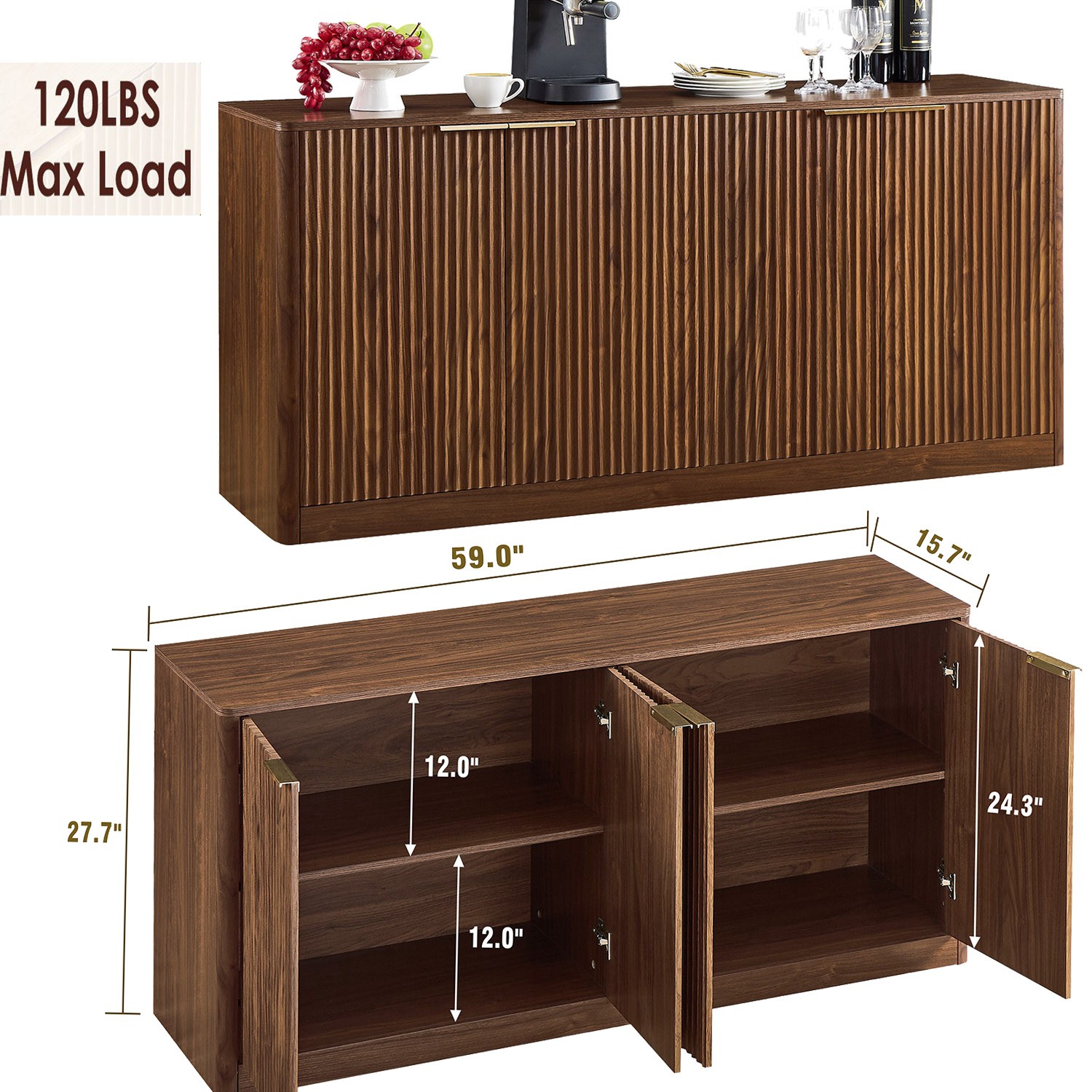 Modern Fluted 4-Door Sideboard Wavy Storage Cabinet for Living Room Table Decor